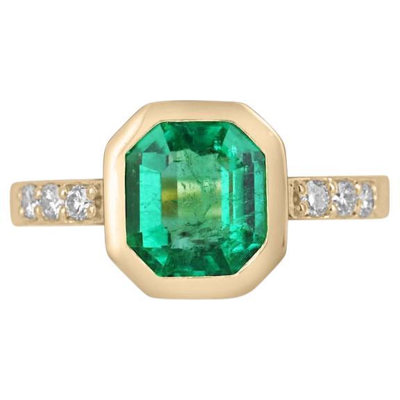 2.47tcw 18K Colombian Emerald & Diamond Ring - Vivid Green Bezel Set Emerald For Sale