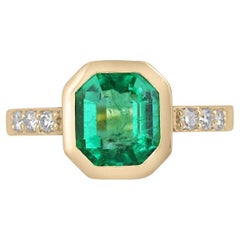 2.47tcw 18K Colombian Emerald & Diamond Ring - Vivid Green Bezel Set Emerald