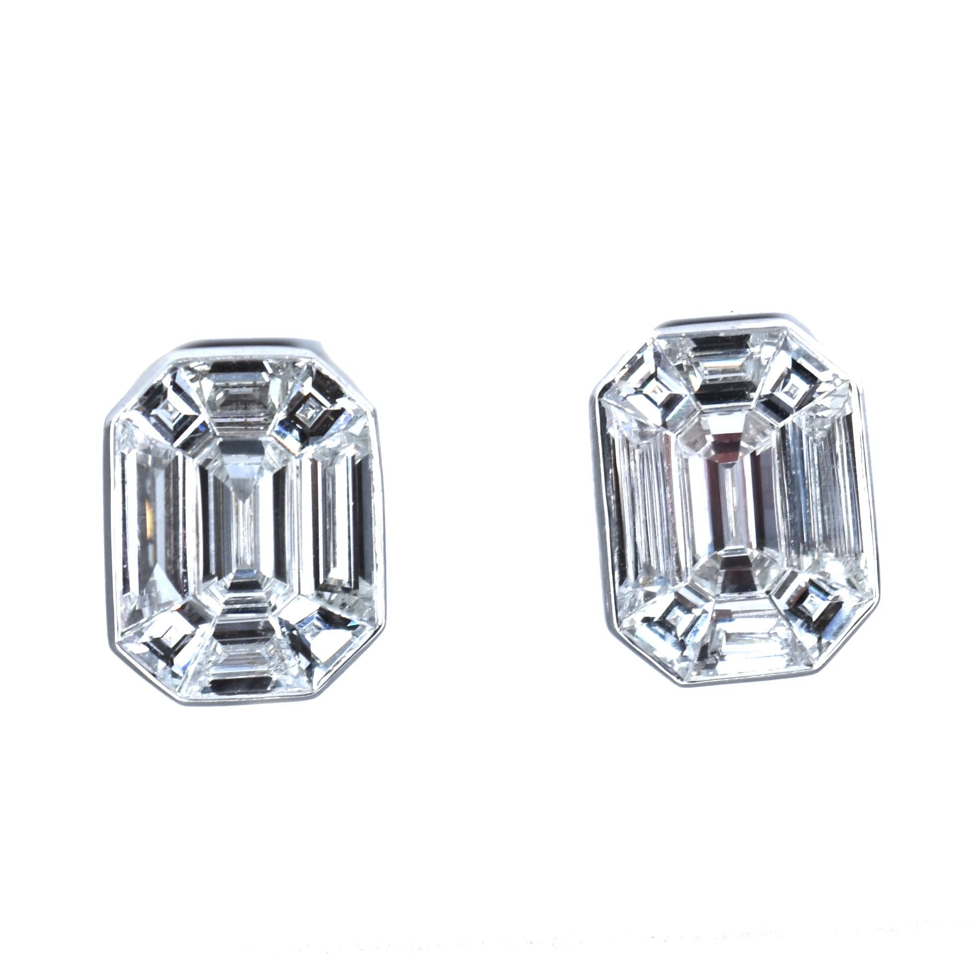 Women's or Men's 2.48 Carat Baguette and Emerald Cut Diamond White Gold Optical Illusion Earrings