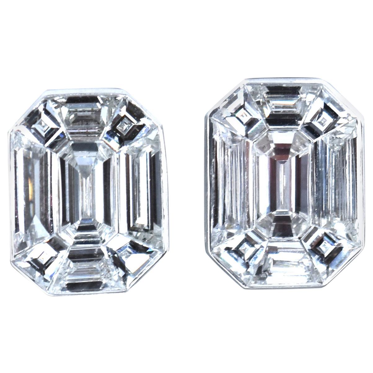 2.48 Carat Baguette and Emerald Cut Diamond White Gold Optical Illusion Earrings