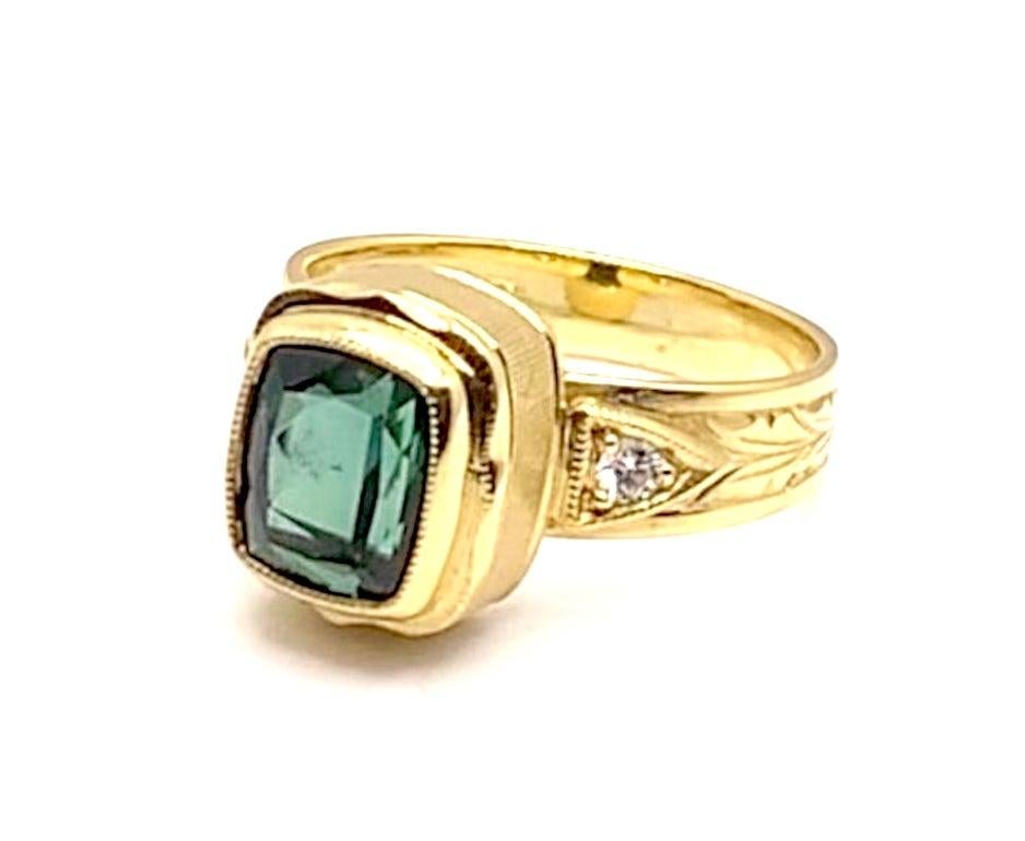 Artisan Blue-Green Tourmaline and Diamond, Hand-Engraved 18k Yellow Gold Ring For Sale