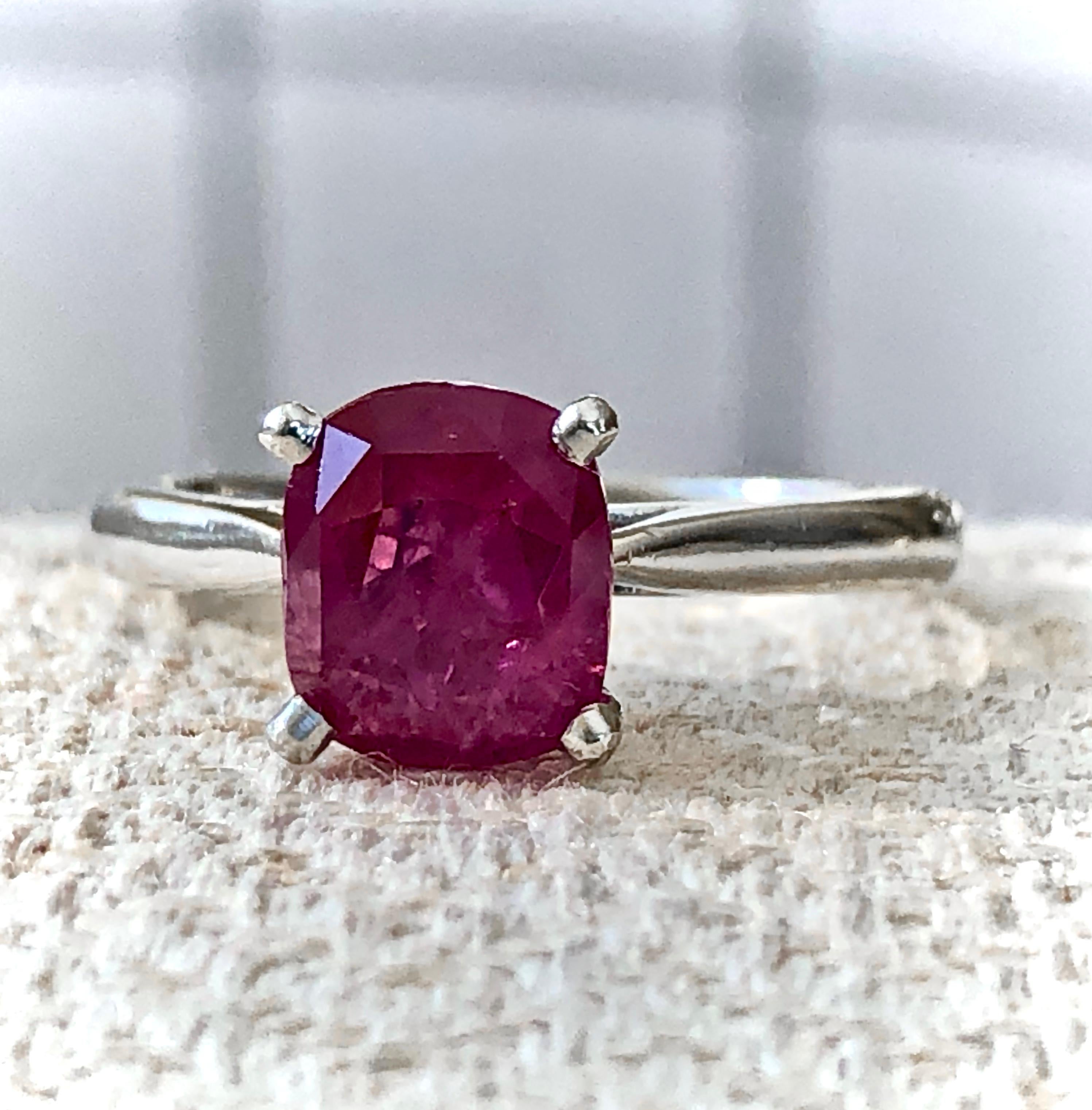 Cushion Cut 2.48 Carat Certified Untreated Ruby Engagement Solitaire Ring Platinum For Sale