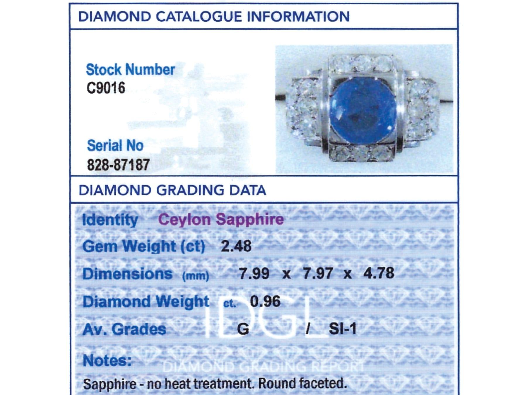 Platinring mit 2,48 Karat Ceylon-Saphir und 0,96 Karat Diamant, um 1935 im Angebot 3