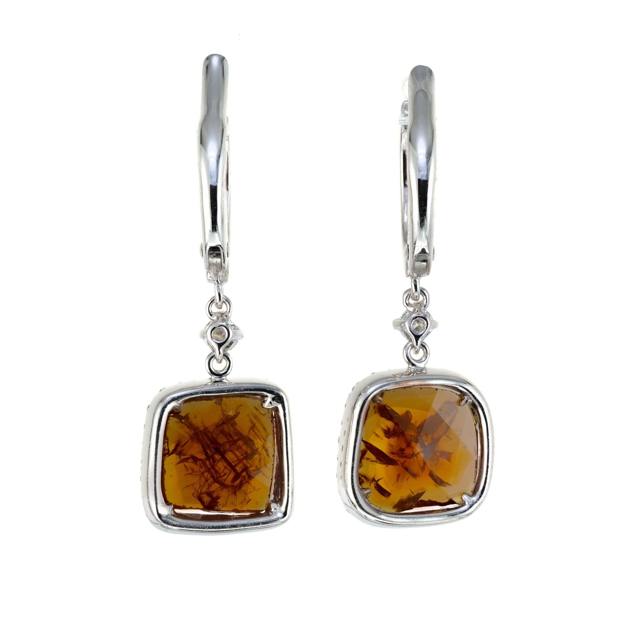 2.48 Carat Citrine Diamond Halo Gold Dangle Earrings In Good Condition For Sale In Stamford, CT