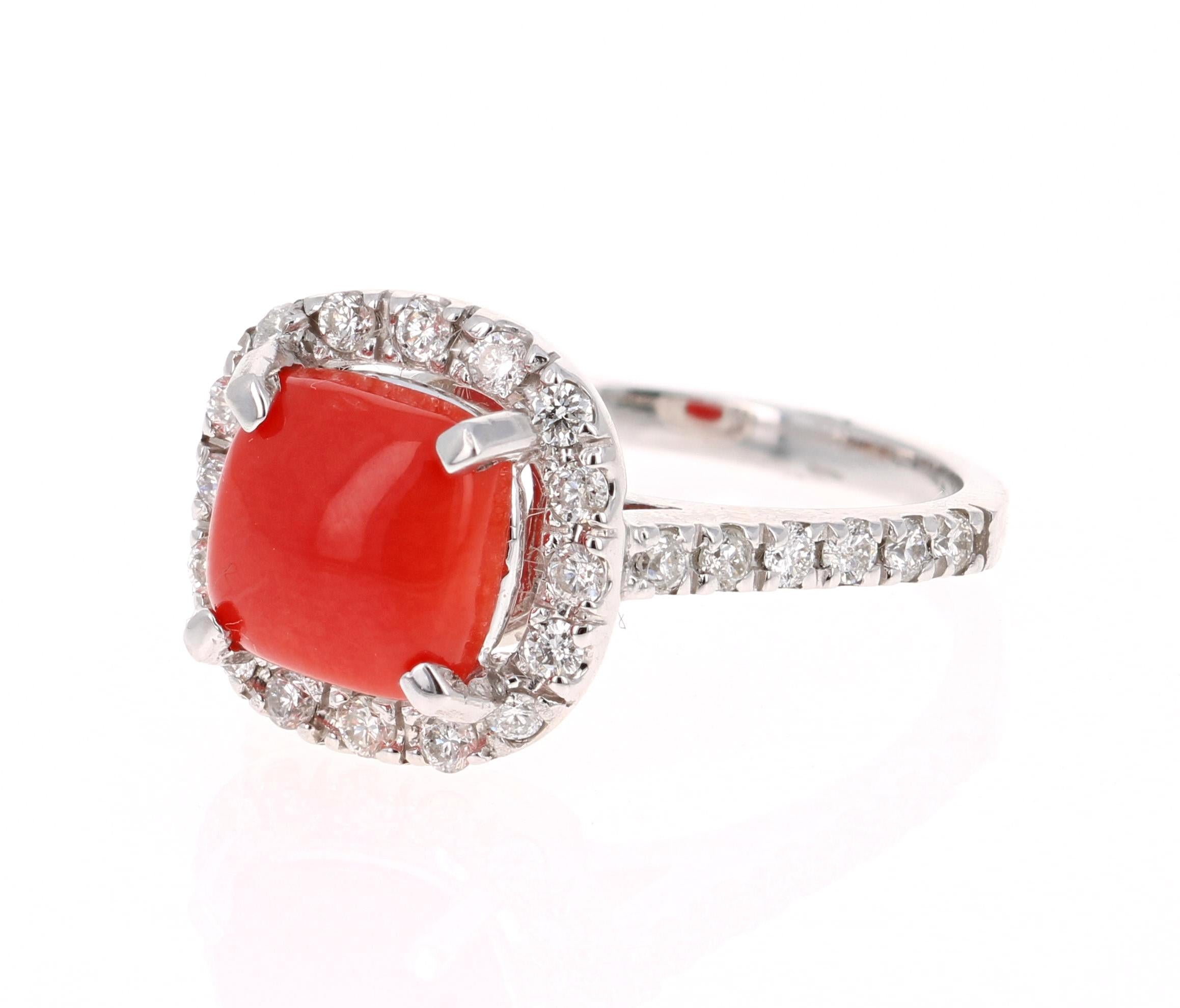 Contemporary 2.48 Carat Coral and Diamond White Gold Bridal Ring For Sale