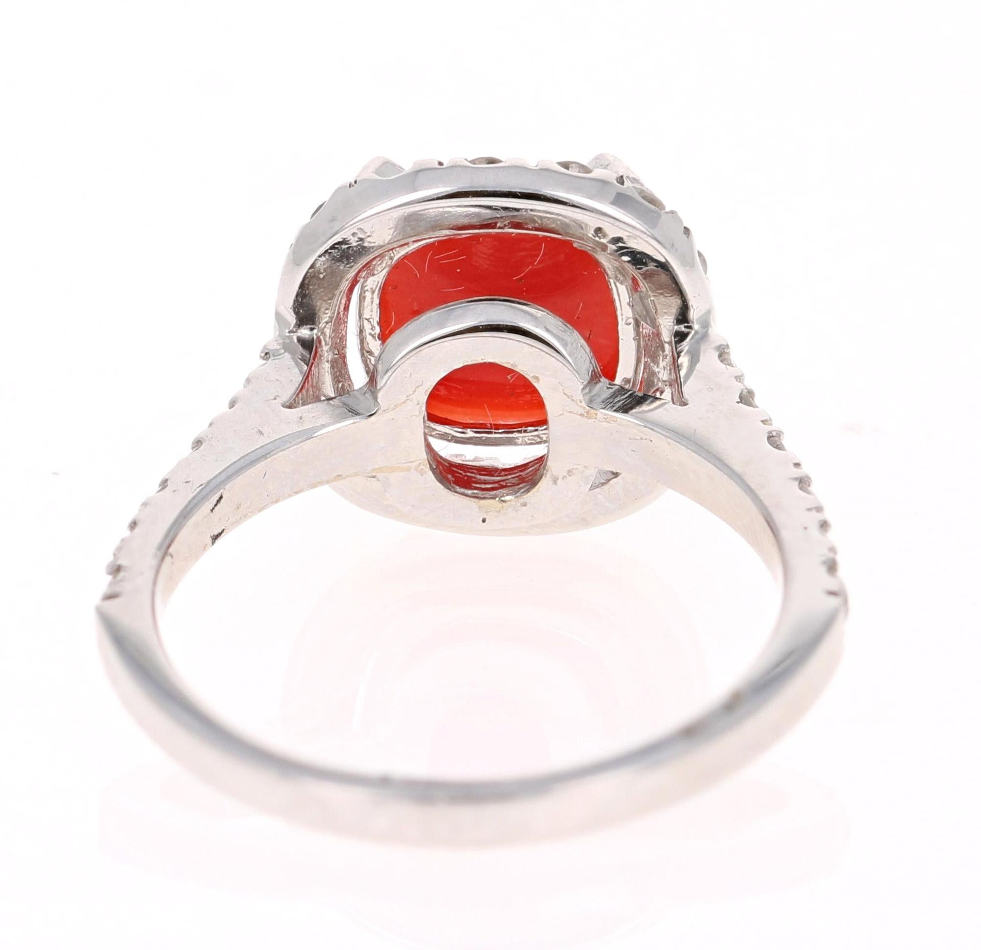 Cushion Cut 2.48 Carat Coral and Diamond White Gold Bridal Ring For Sale