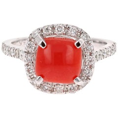 2.48 Carat Coral and Diamond White Gold Bridal Ring