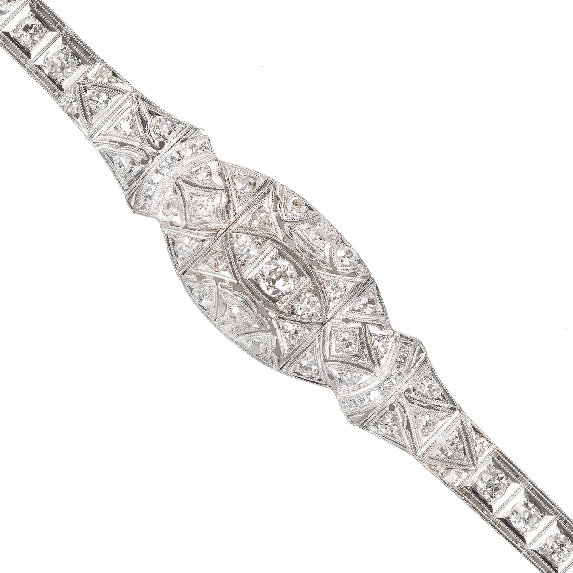 1920's Art Deco original engraved filigree hinged link diamond platinum bracelet. Old Euro and french cut diamonds totaling 2.48 cts. 

64 round mixed old euro cut H-J VS-SI diamonds, Approximate 2.20cts 
14 french cut F-S VS diamonds, Approximate