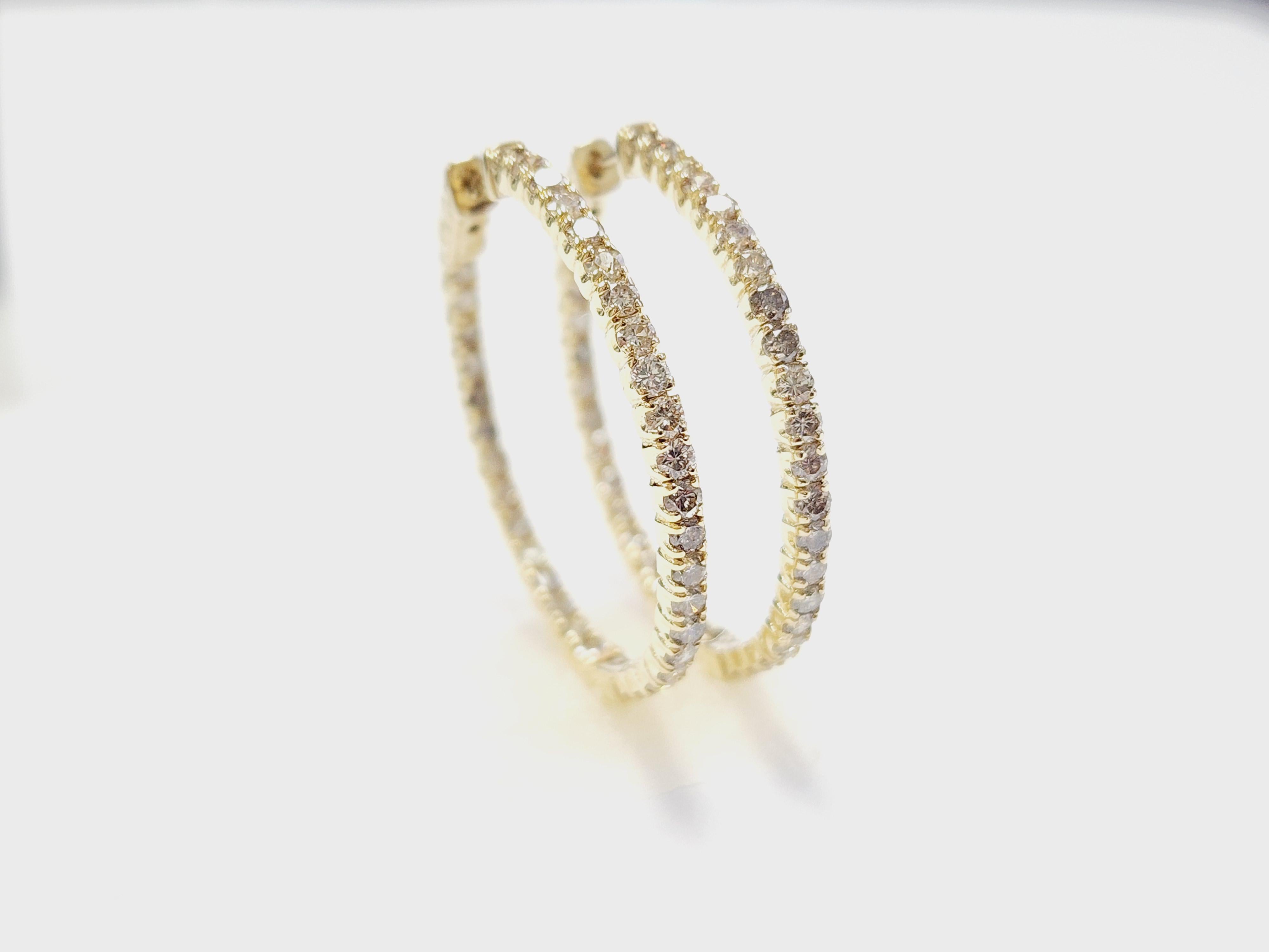 2.48 Carat Natural Diamond Hoops Earrings 14 Karat Yellow Gold For Sale 3