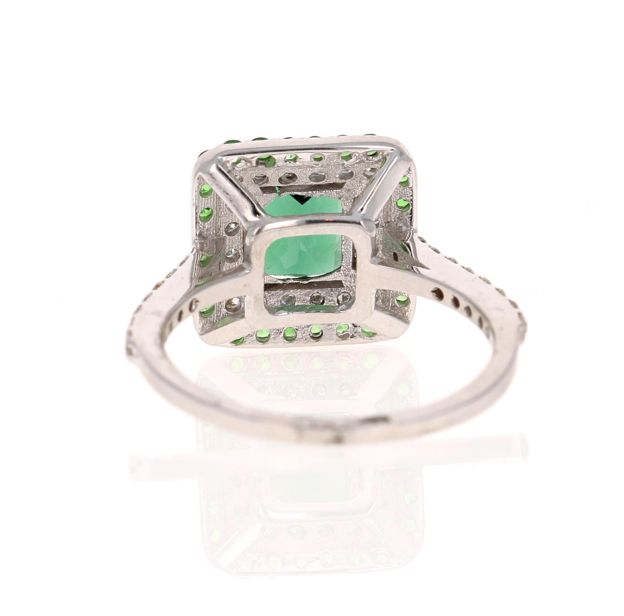 Square Cut 2.48 Carat Green Tourmaline Tsavorite Diamond White Gold Cocktail Ring For Sale