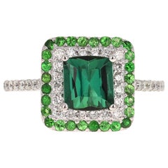 Bague cocktail en or blanc avec tourmaline verte, tsavorite et diamant de 2,48 carats