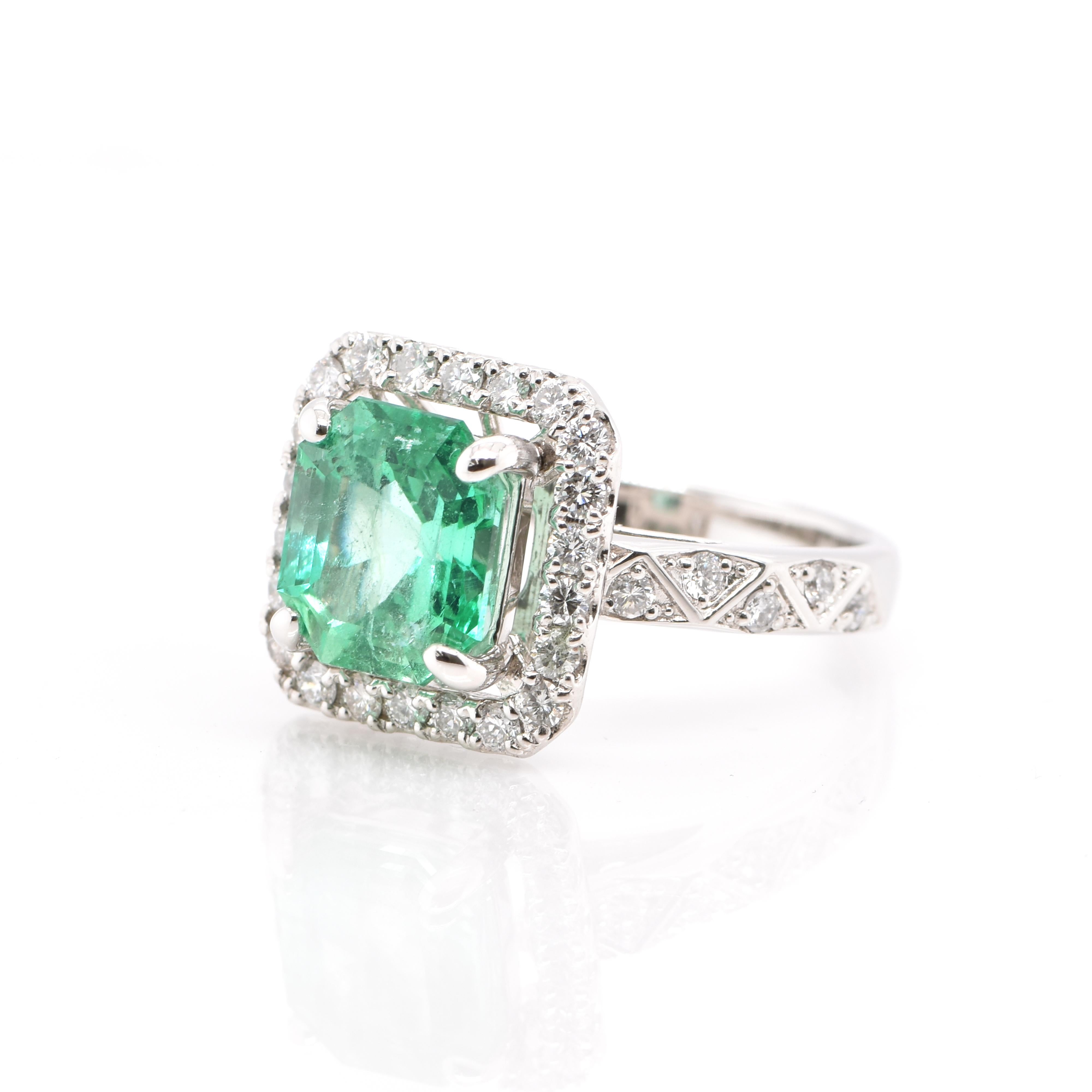 A stunning Cocktail Ring featuring a 2.48 Carat, Natural, Colombian Emerald and 0.52 Carats of Diamond Accents set in Platinum. People have admired emerald’s green for thousands of years. Emeralds have always been associated with the lushest
