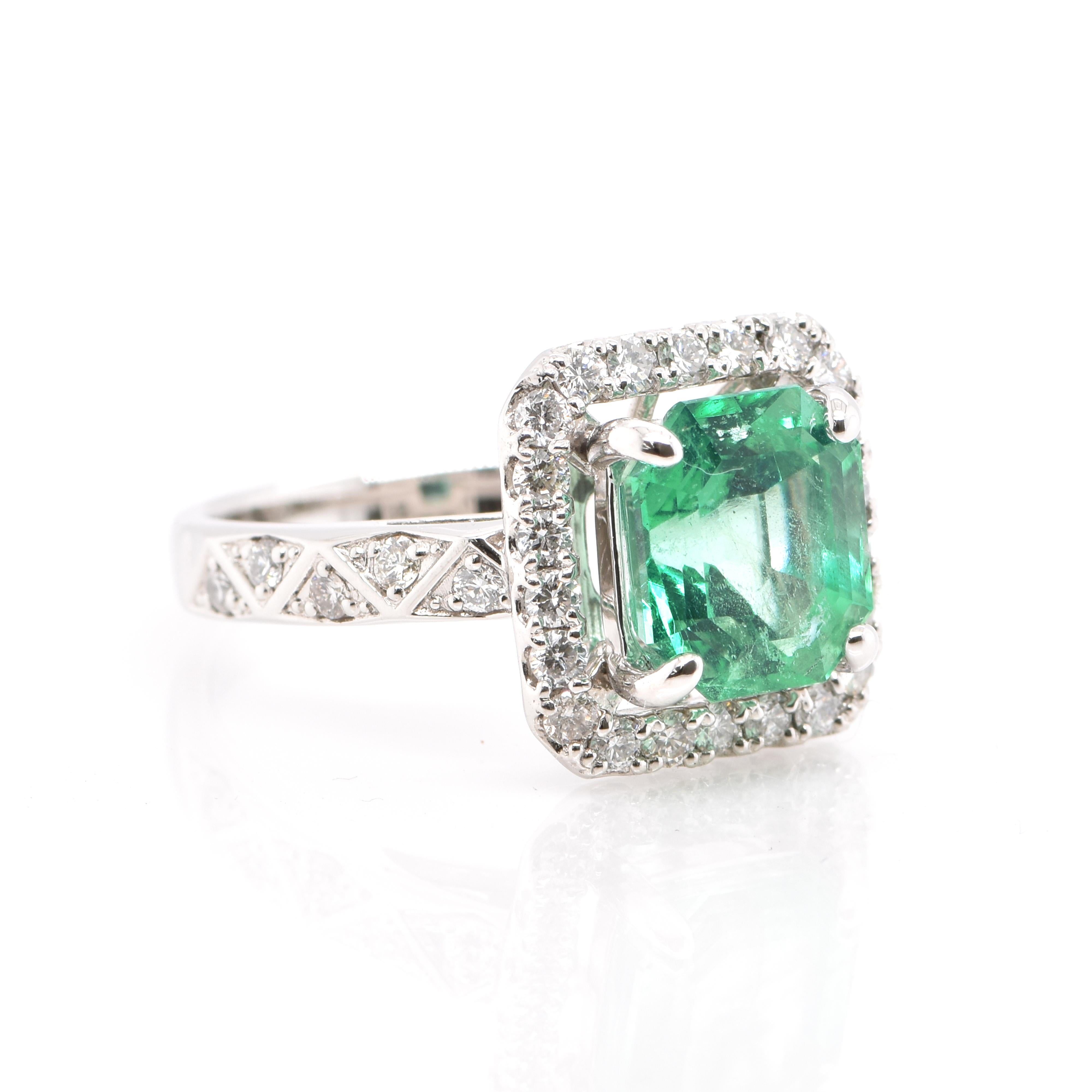 Modern 2.48 Carat, Natural, Colombian Emerald and Diamond Ring Set in Platinum