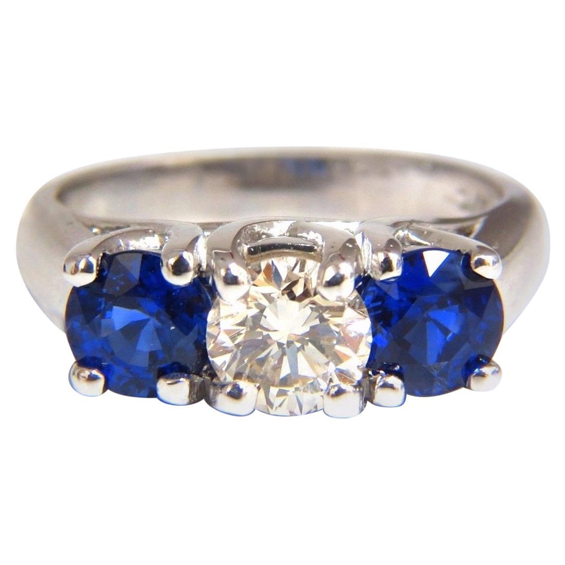 2.48 Carat Natural Sapphires Diamond Three-Stone Ring 14 Karat Royal Blue*