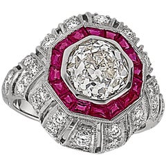 Antique 2.48 Carat Old European Cut Diamond and Ruby Ring 18 Karat White Gold