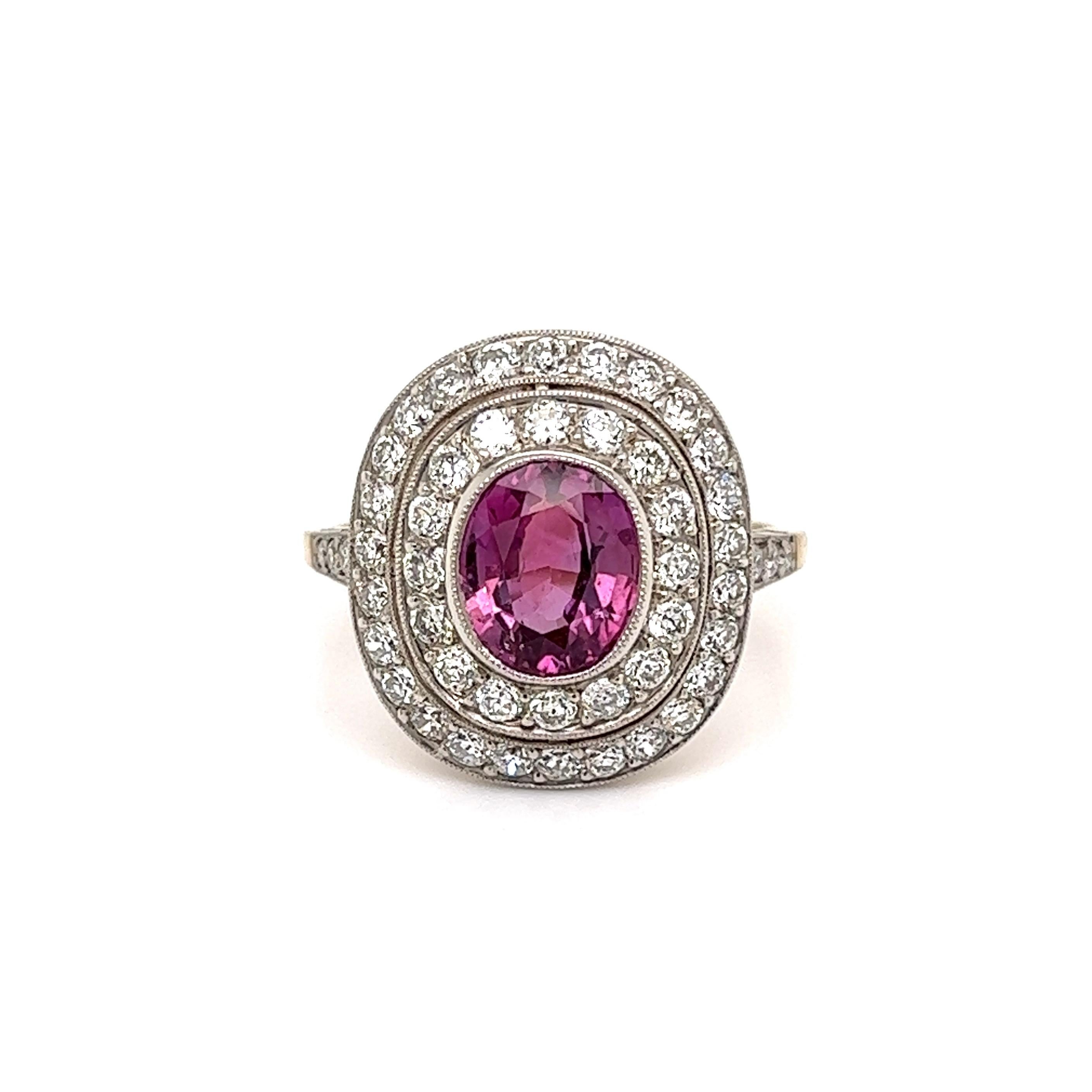 Mixed Cut 2.48 Carat Pink Sapphire and Diamond Platinum Cocktail Ring Estate Fine Jewelry For Sale