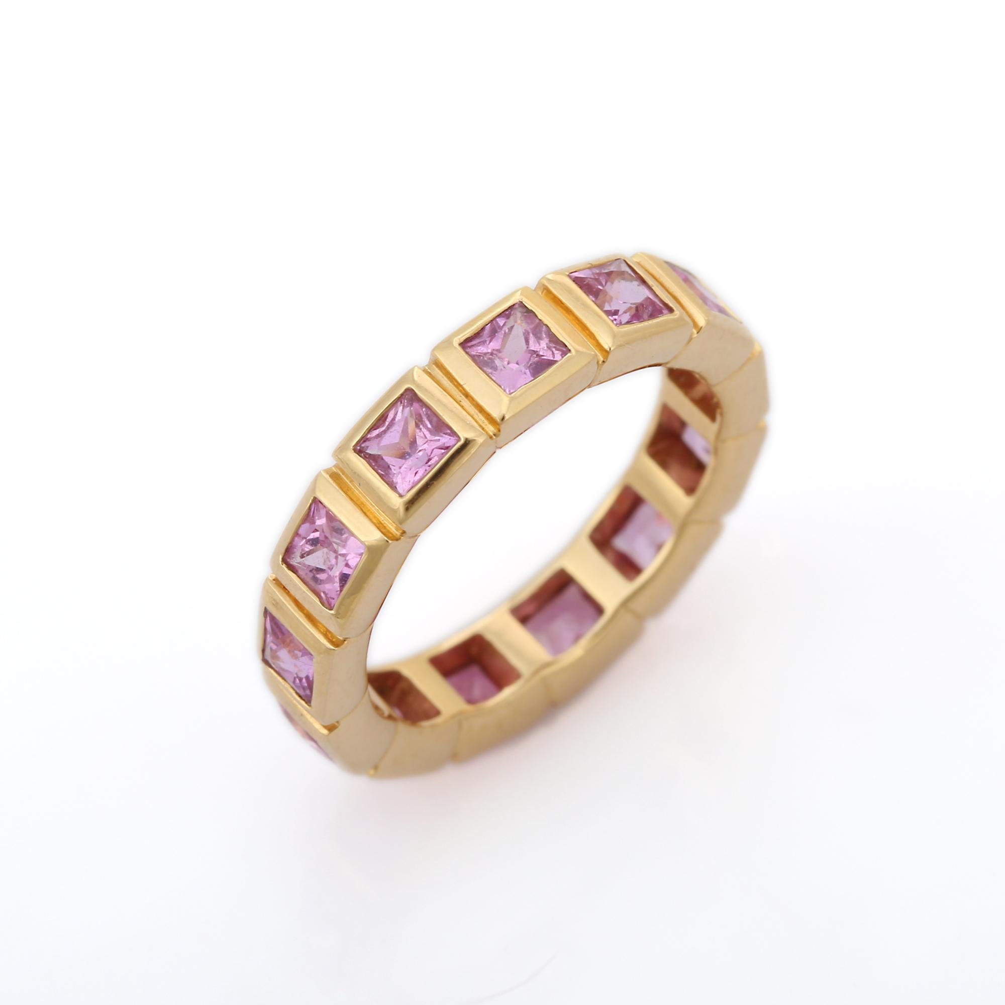 For Sale:  2.48 Carat Pink Sapphire Square Cut Eternity Band Ring in 18K Yellow Gold 3