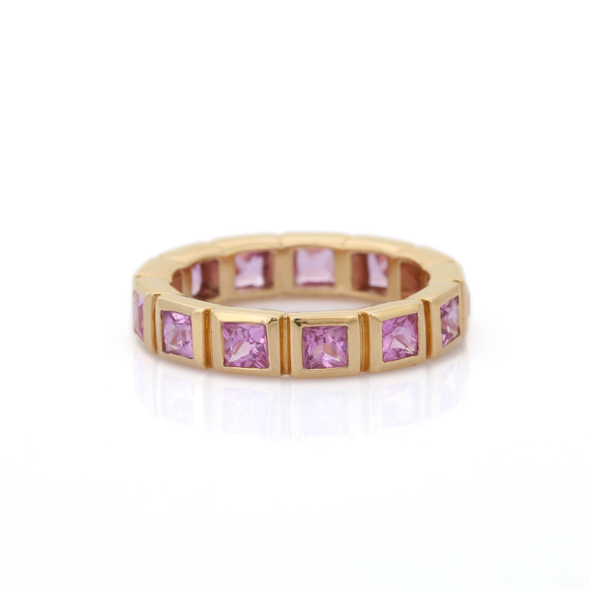 For Sale:  2.48 Carat Pink Sapphire Square Cut Eternity Band Ring in 18K Yellow Gold 6