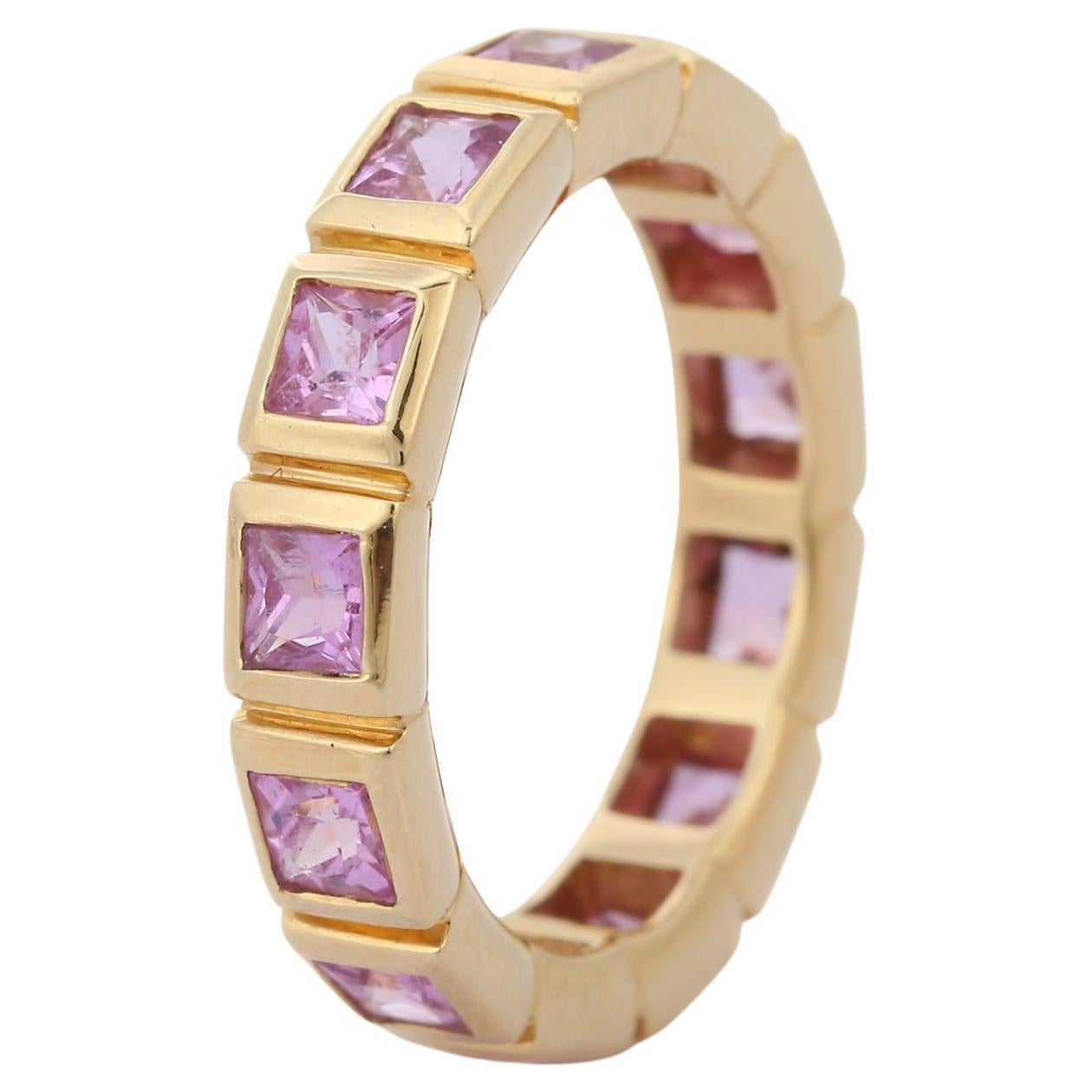 For Sale:  2.48 Carat Pink Sapphire Square Cut Eternity Band Ring in 18K Yellow Gold