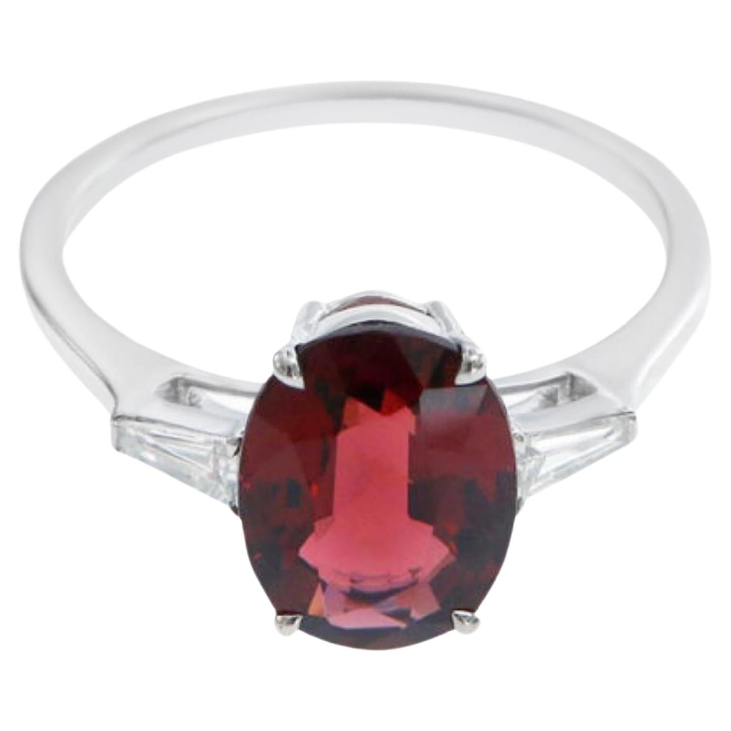 2.48 Carat Red Spinel Ring with Tapered Diamond Baguettes in 18K White Gold For Sale