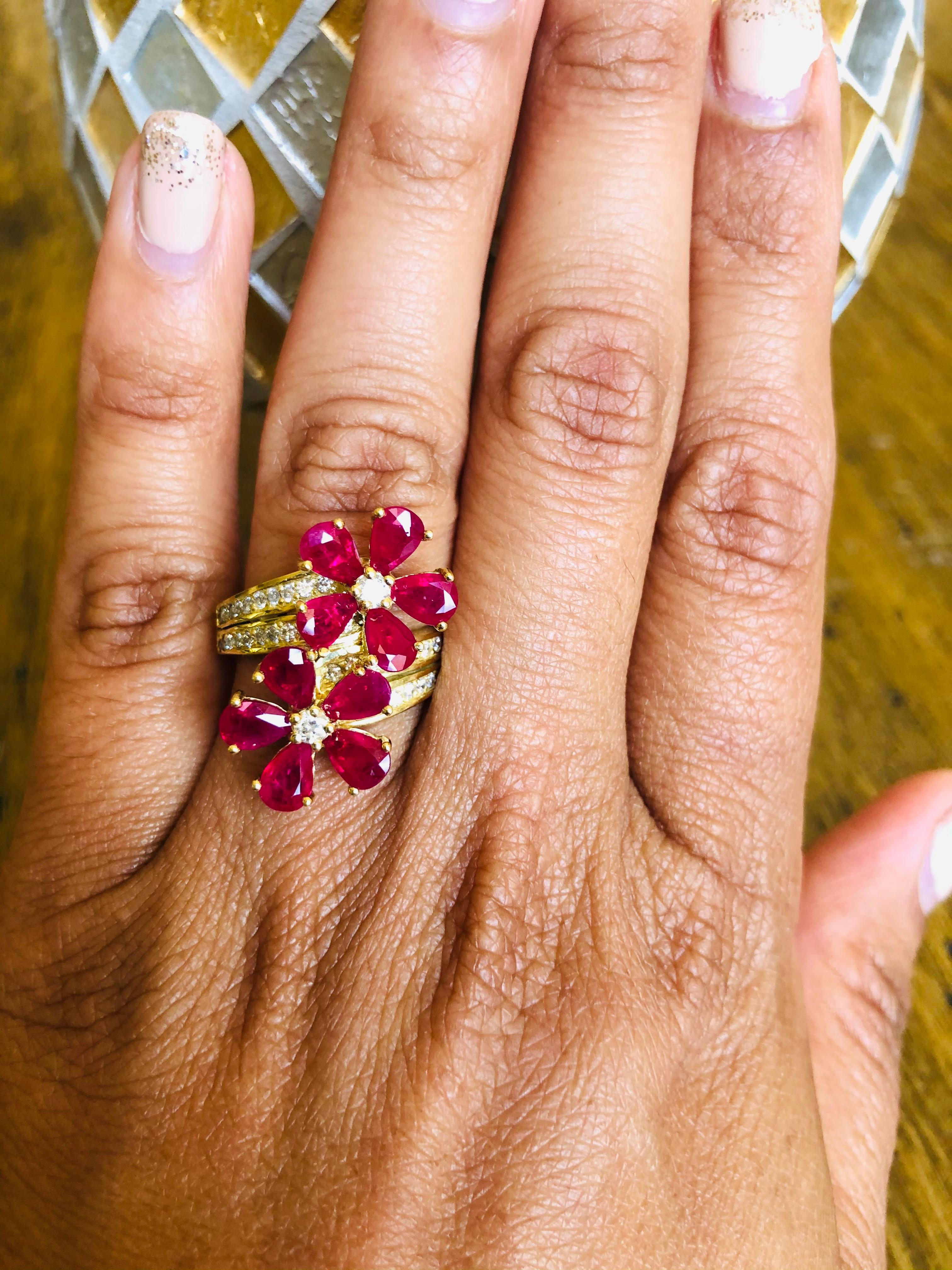 Women's 2.48 Carat Ruby Diamond 14 Karat Yellow Gold Cocktail Ring