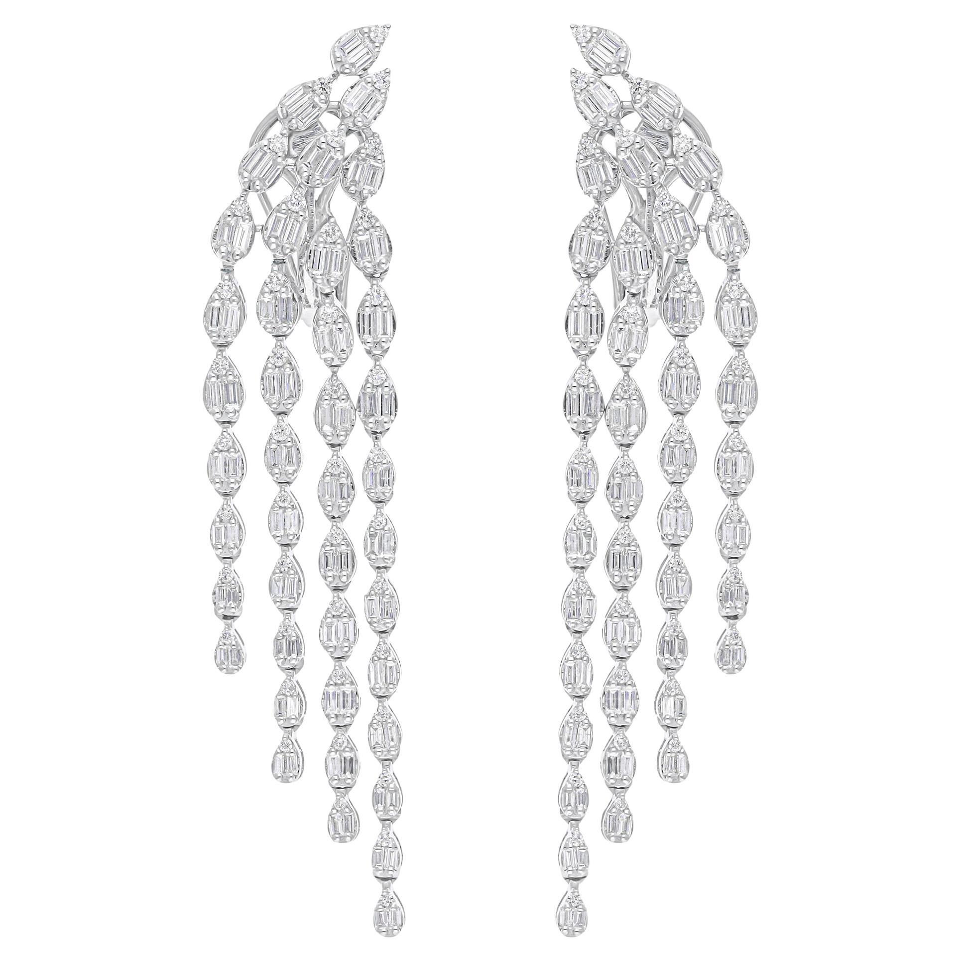 2.48 Carat SI/H Baguette Round Diamond Chandelier Earrings 18 Karat White Gold