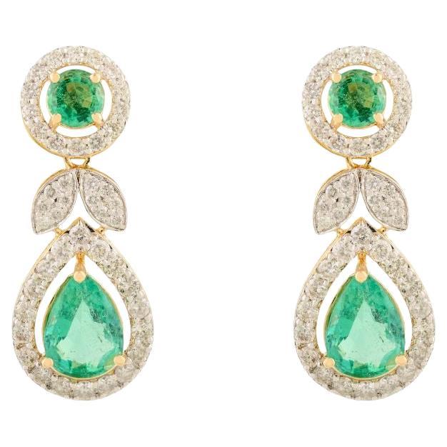 2.48 Carat Teardrop Zambian Emerald & Diamond Dangle Earrings in 18K Yellow Gold