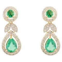 2.48 Carat Teardrop Zambian Emerald & Diamond Dangle Earrings in 18K Yellow Gold