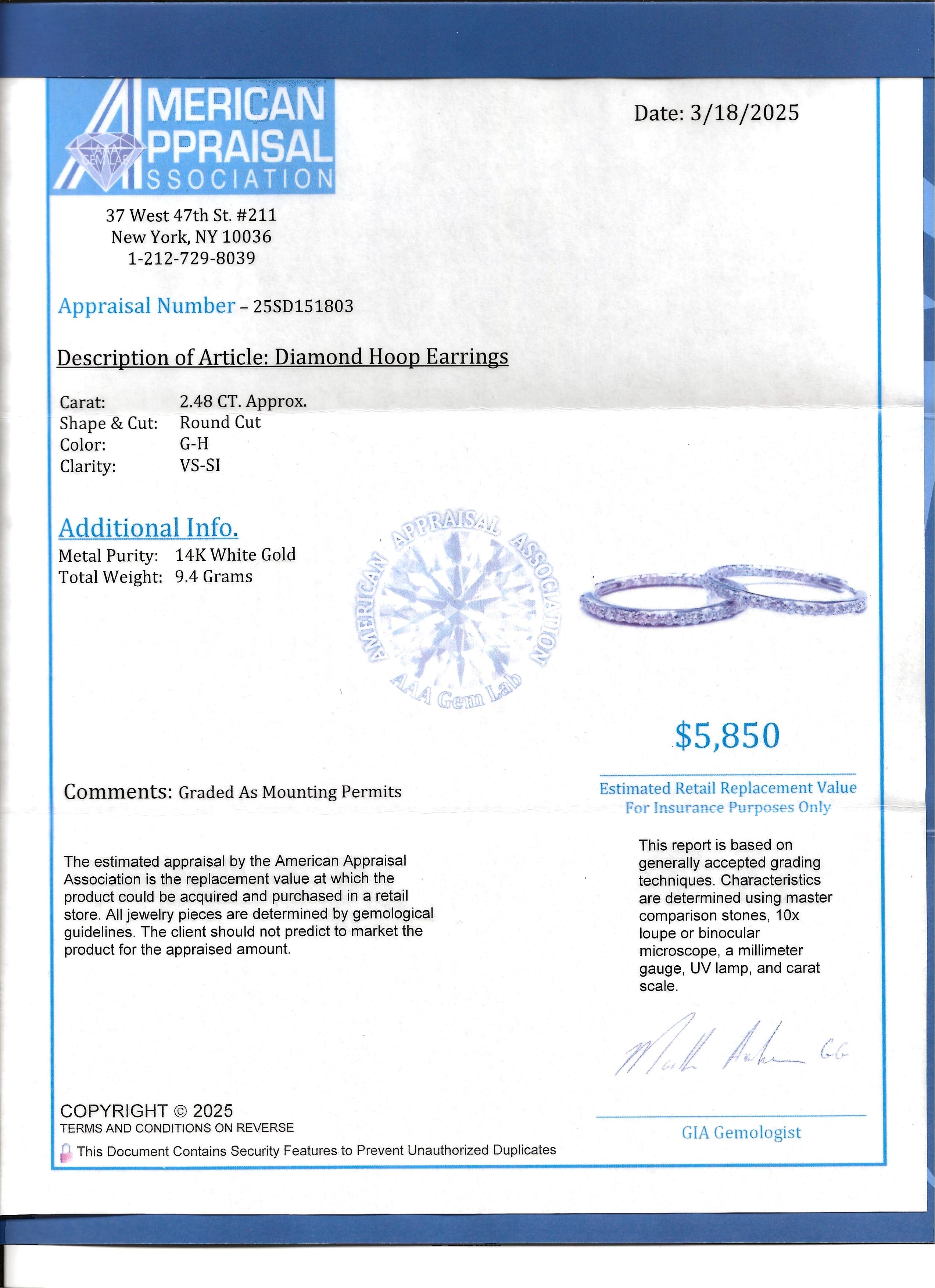 2.48 Carat Total Inside Outside Round Diamond Hoop Earrings 14 Karat White Gold For Sale 4
