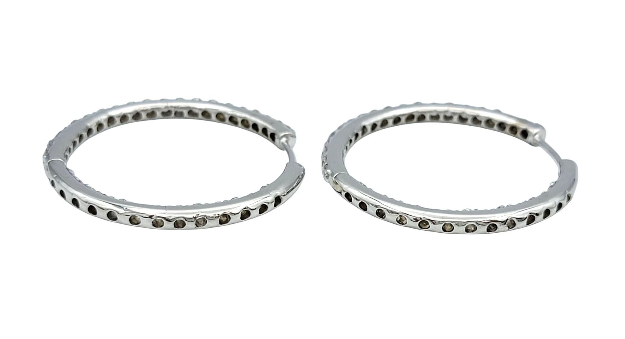Contemporary 2.48 Carat Total Inside Outside Round Diamond Hoop Earrings 14 Karat White Gold For Sale