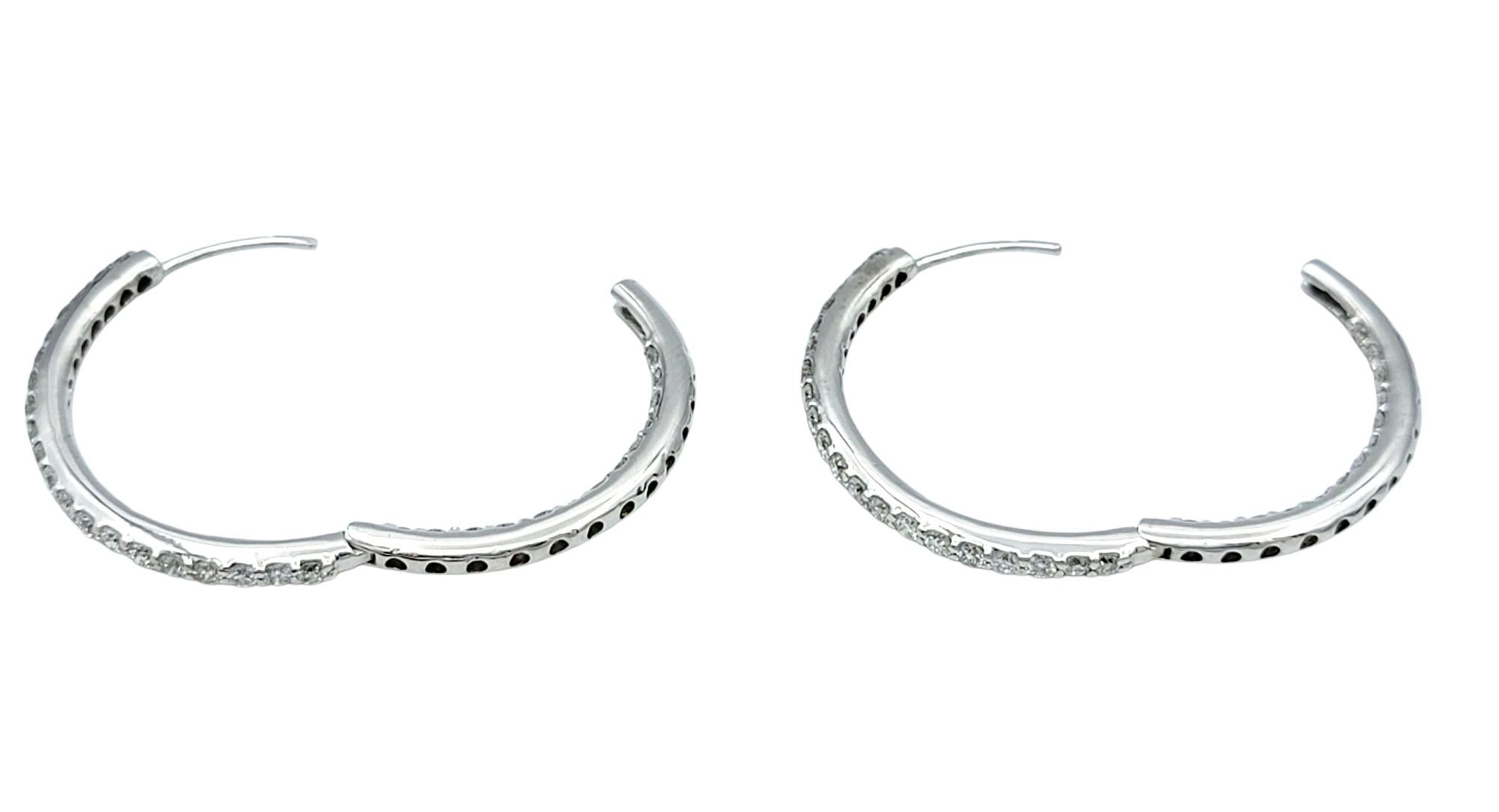 Round Cut 2.48 Carat Total Inside Outside Round Diamond Hoop Earrings 14 Karat White Gold For Sale