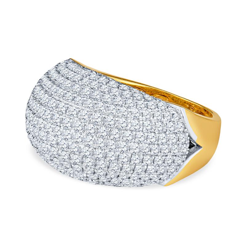 This dome ring features 2.48 carat total weight in pave diamonds and a tapered band set in 18 karat yellow gold. This ring is currently a size 5 but can be resized upon request.