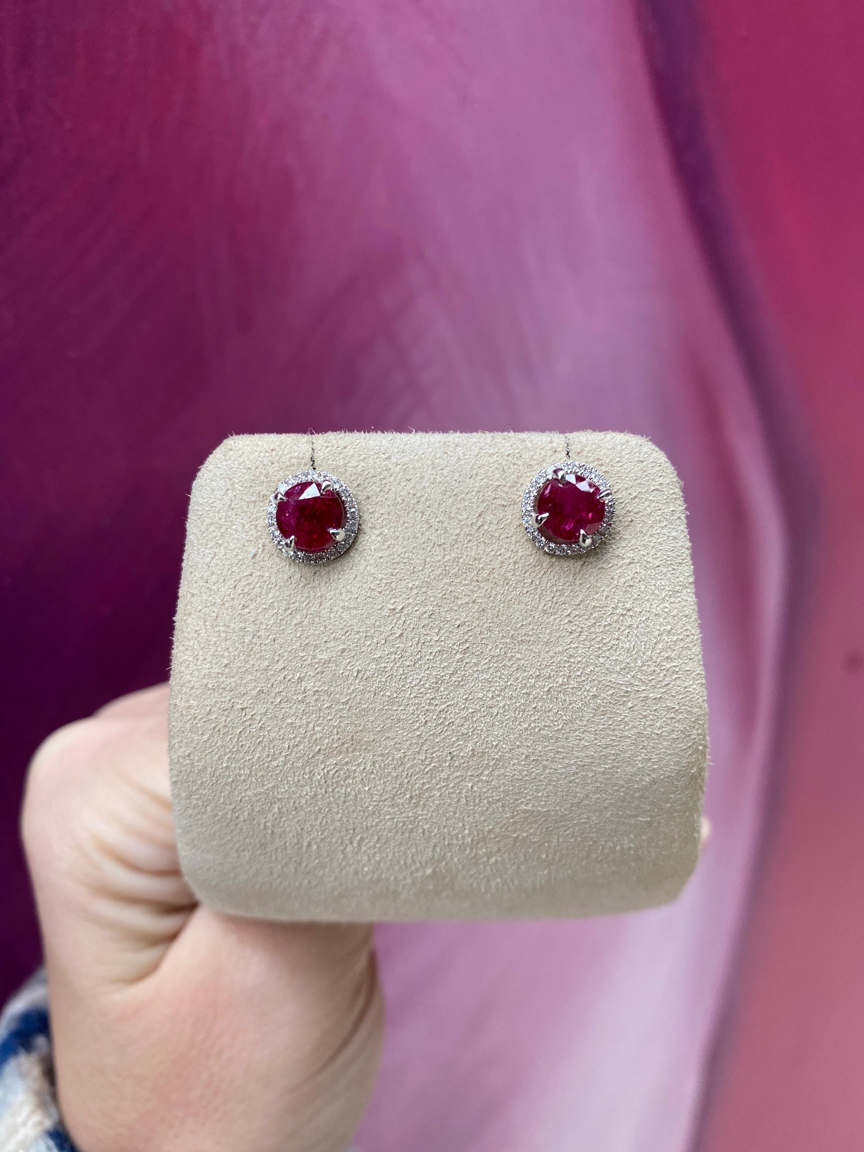 2.48 Carat Total Weight Ruby & Diamond Halo 18k White Gold Stud Earrings 6