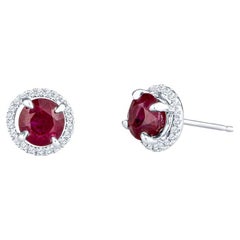 2.48 Carat Total Weight Ruby & Diamond Halo 18k White Gold Stud Earrings