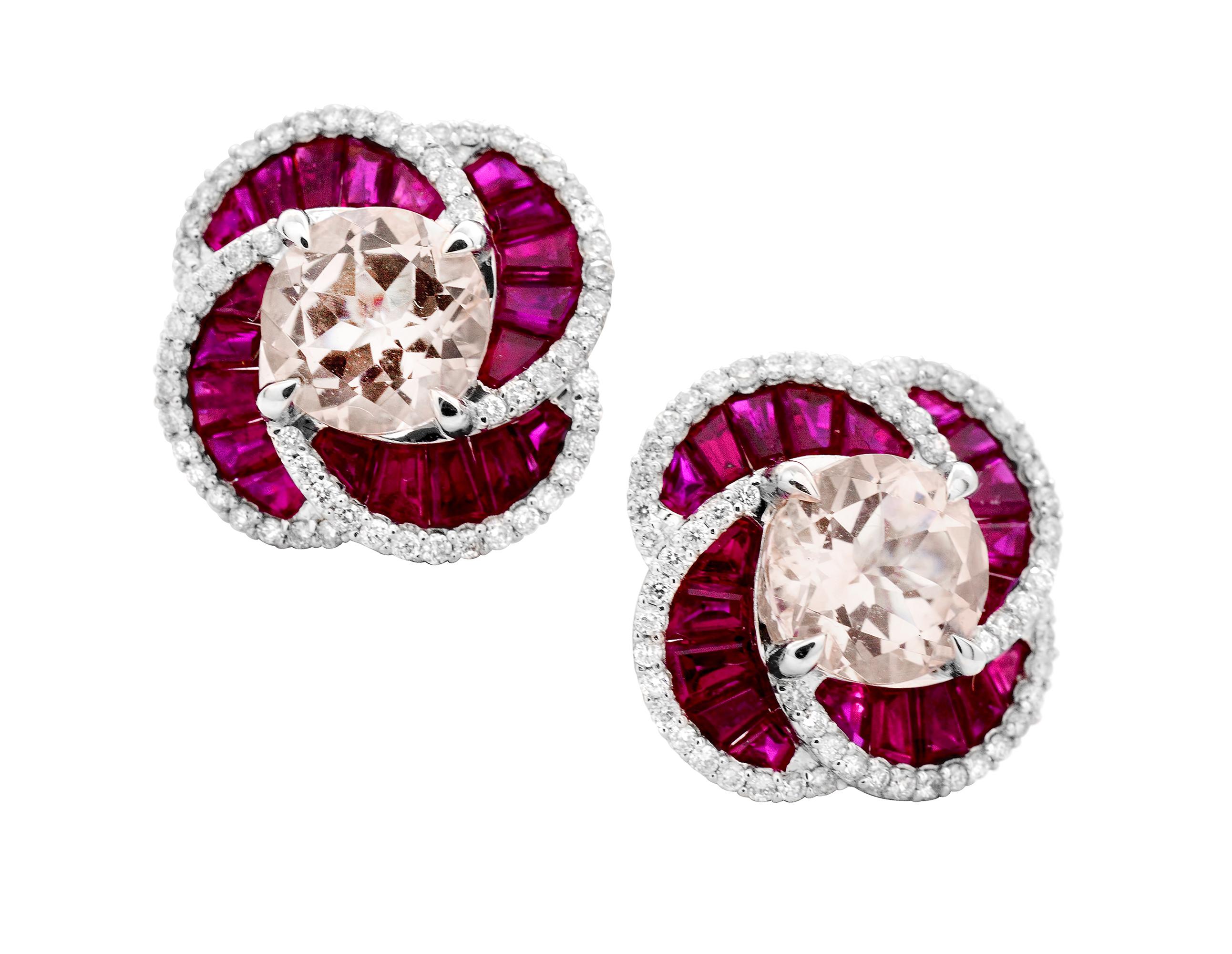 Contemporary 2.48 Carats Round Morganite w/ Ruby & Diamond 14K White Gold Flower Stud Earring For Sale