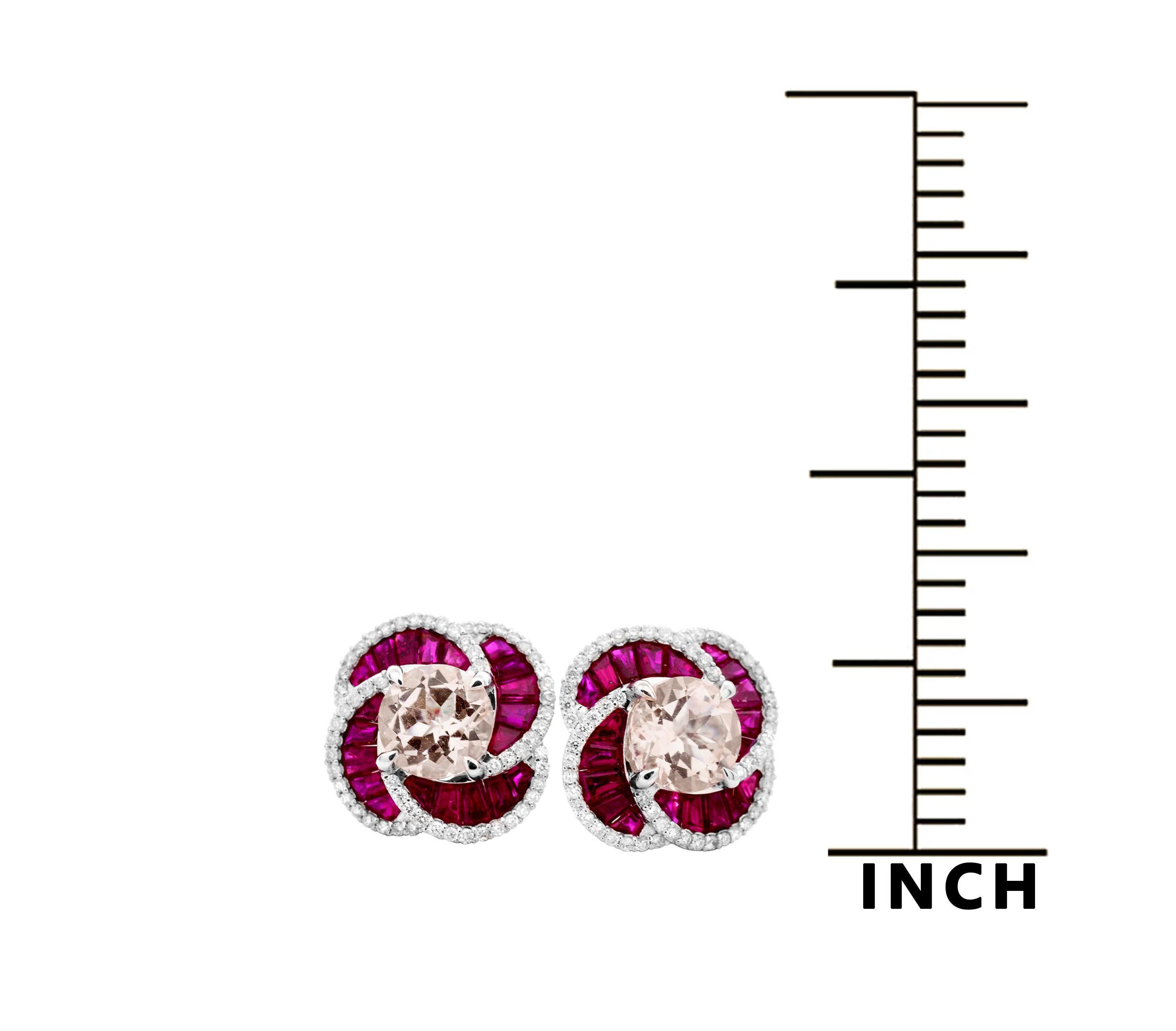 Round Cut 2.48 Carats Round Morganite w/ Ruby & Diamond 14K White Gold Flower Stud Earring For Sale