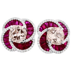 2.48 Carats Round Morganite w/ Ruby & Diamond 14K White Gold Flower Stud Earring