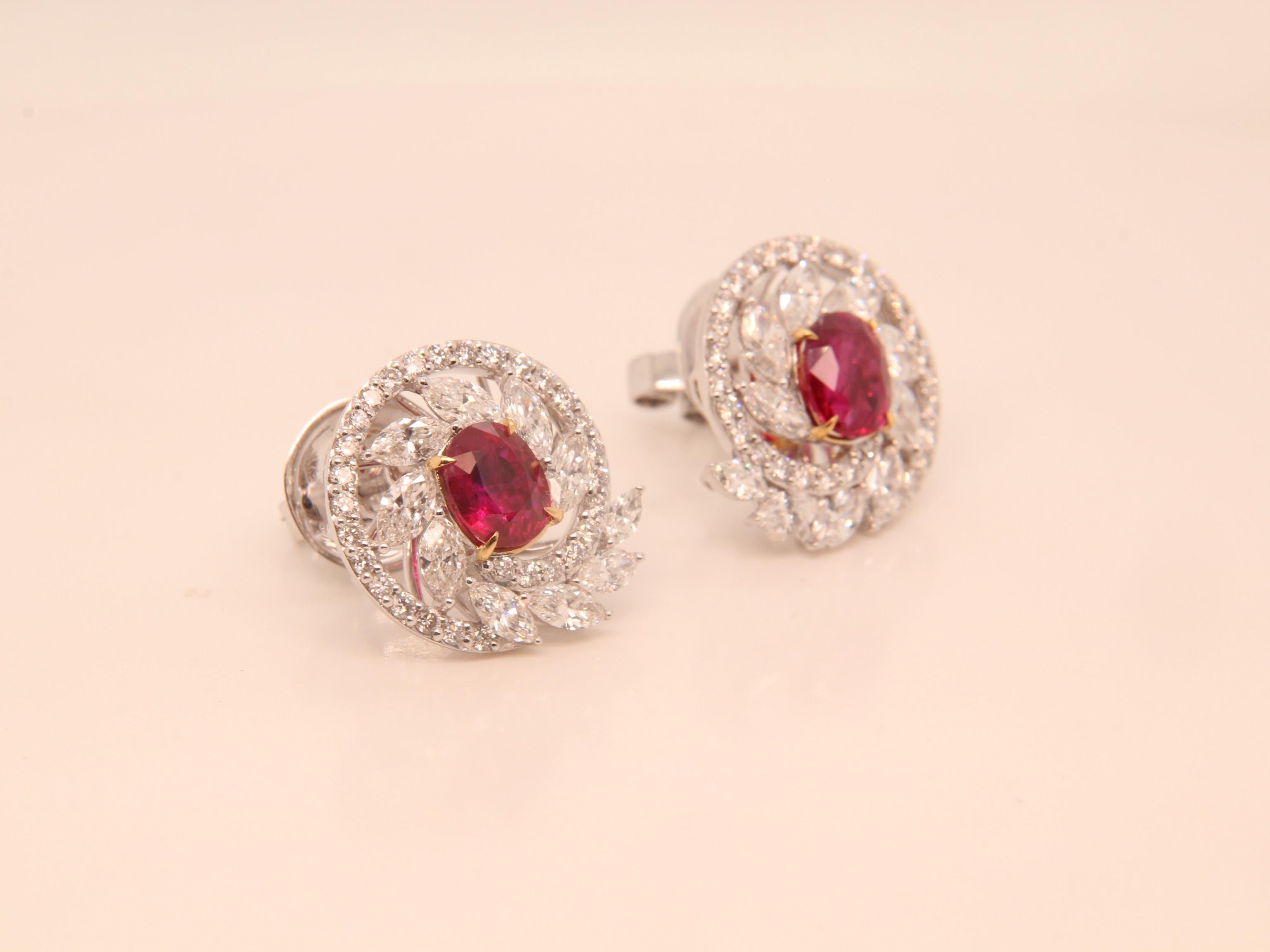 2.48 Ct GRS Pigeon Blood Burmese No Heat Ruby Diamond Earring in 18 Karat Gold In New Condition For Sale In Bangkok, TH