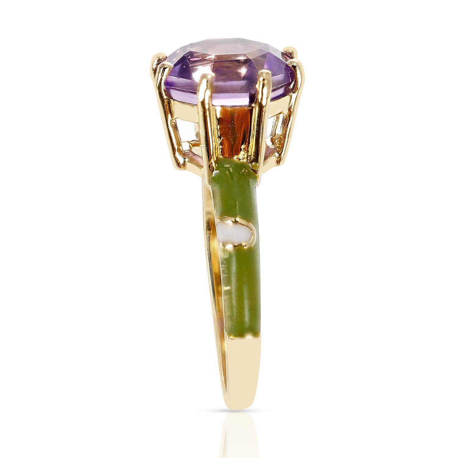 An Octagonal 2.48 carat Amethyst with Green and White Enamel made in 14 Karat Yellow Gold. Total Weight: 3.82 grams. Ring Size US 6.50. 
