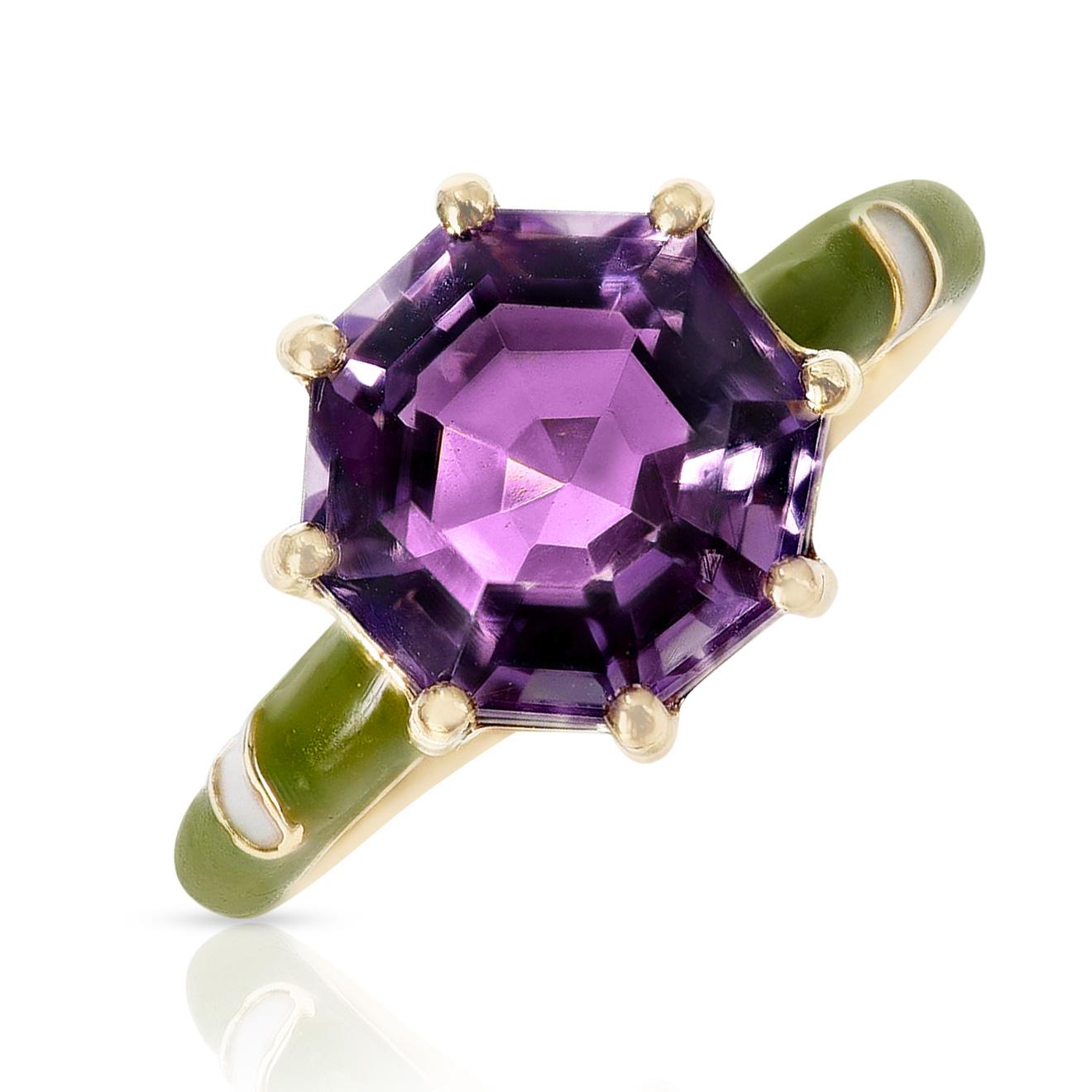 Octagon Cut 2.48 Ct. Octagonal Amethyst with Green and White Enamel, 14k Yellow Gold