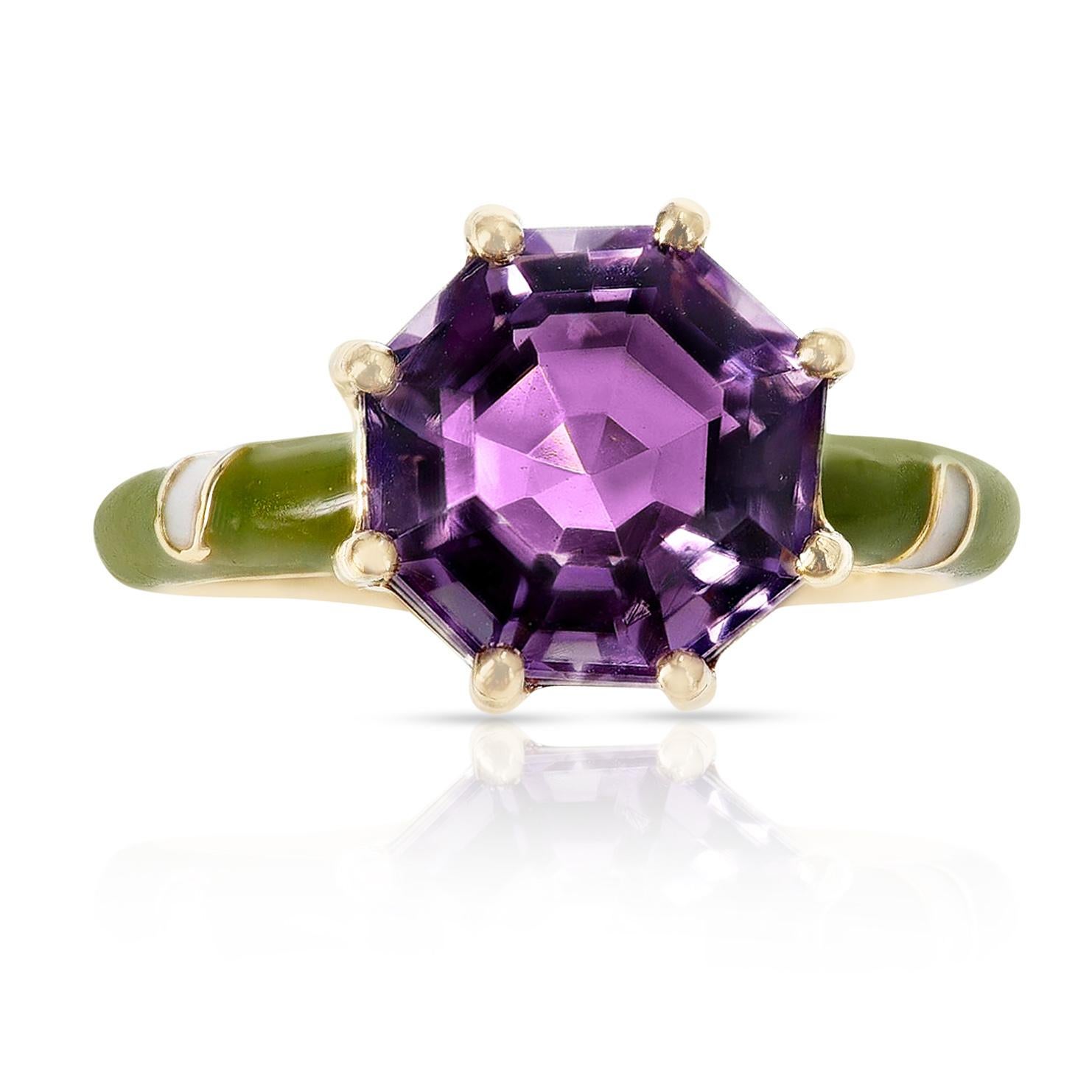 2.48 Ct. Octagonal Amethyst with Green and White Enamel, 14k Yellow Gold In New Condition In New York, NY