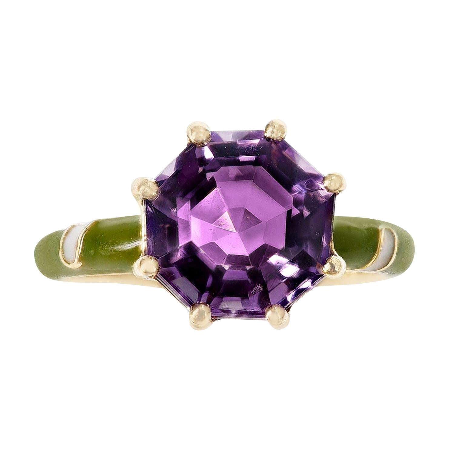 2.48 Ct. Octagonal Amethyst with Green and White Enamel, 14k Yellow Gold