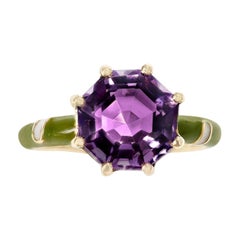 2.48 Ct. Octagonal Amethyst with Green and White Enamel, 14k Yellow Gold