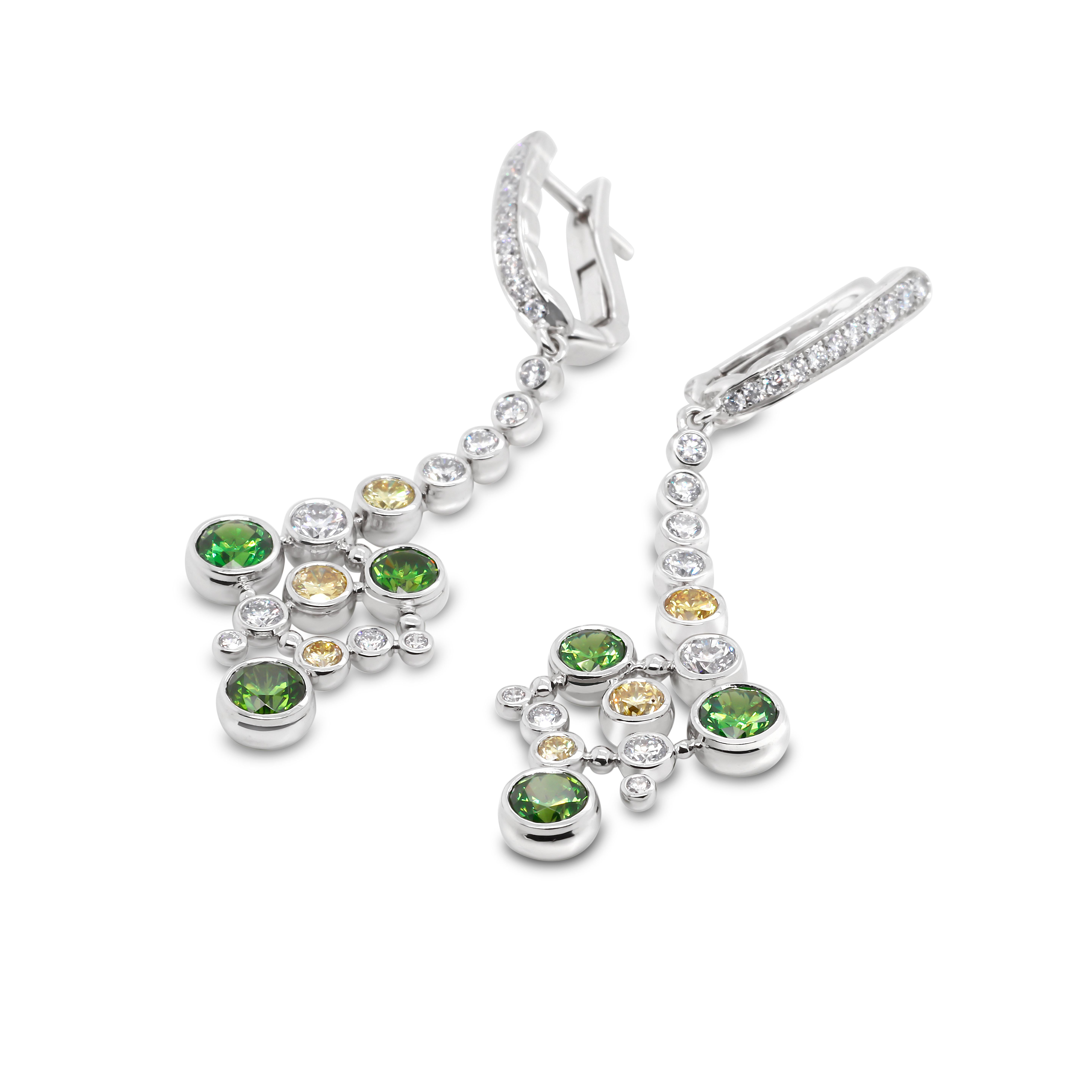 Elegant and gorgeous Russian Demantoid Earrings, luxurious and intricate at the same time. They are perfect as for special occasion as for everyday wear! 
In these earrings top quality Demantoids totalling 2.48 ct combined with natural fancy yellow