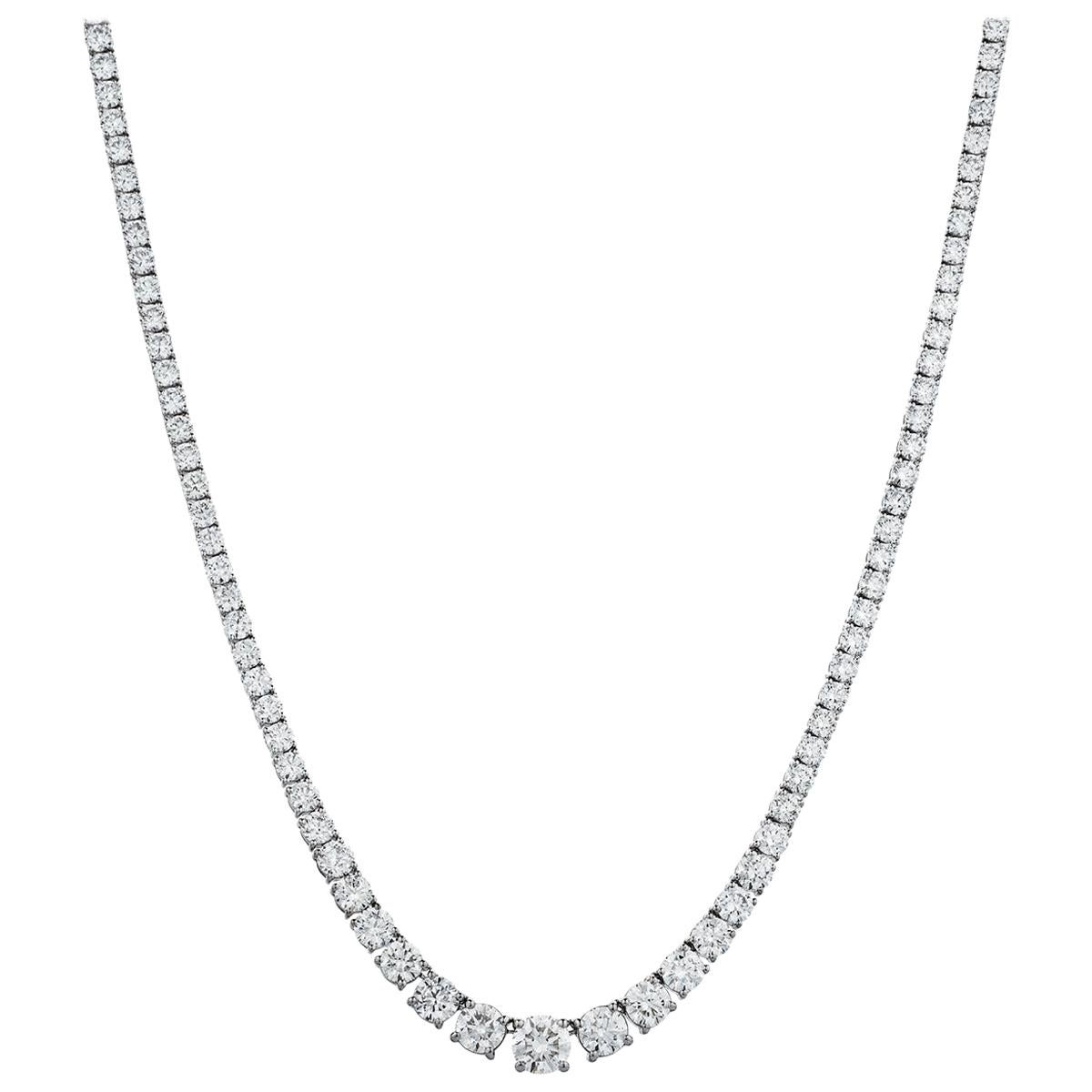 24.80 Carat Diamond Line Necklace 18 Karat White Gold 4 Claws Set Tennis Riviera For Sale