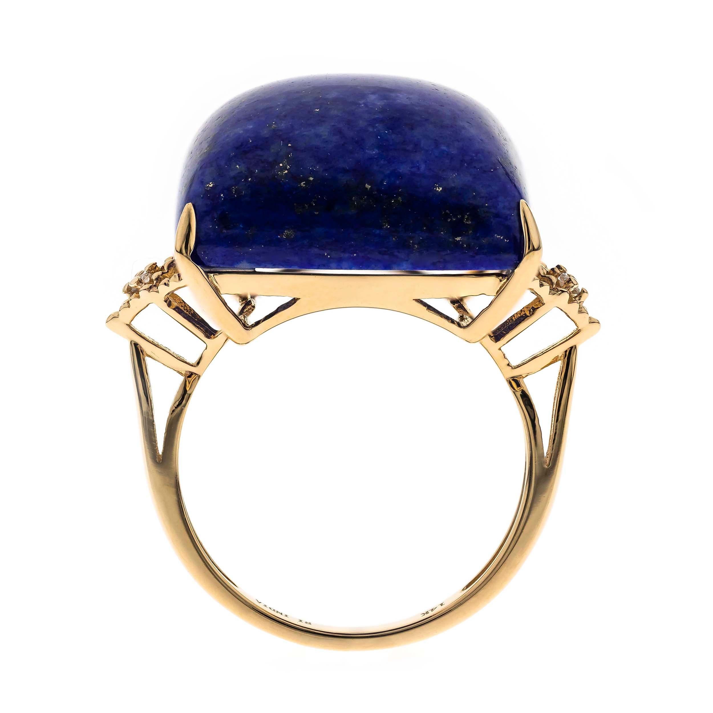 Decorate yourself in elegance with this Ring is crafted from 14-karat Yellow Gold by Gin & Grace. This Ring is made up of 18.0 mm Cushion-Cab (1 pcs) 24.81 carat Lapis and Round-cut White Diamond (2 Pcs) 0.02 Carat. This Ring is weight 2.59 grams.