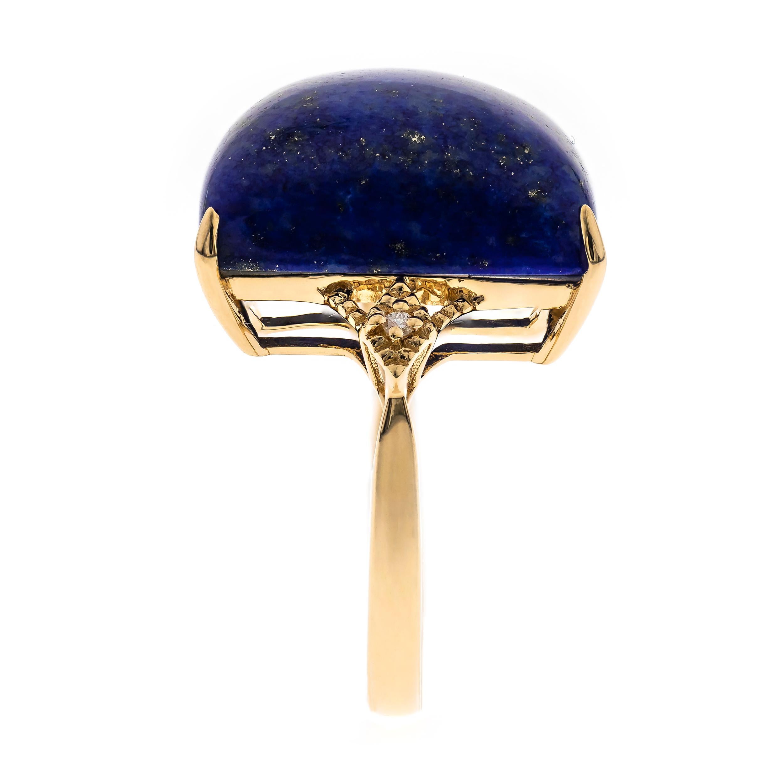 Decorate yourself in elegance with this Ring is crafted from 14-karat Yellow Gold by Gin & Grace. This Ring is made up of 18.0 mm Cushion-Cab (1 pcs) 24.81 carat Lapis and Round-cut White Diamond (2 Pcs) 0.02 Carat. This Ring is weight 2.59 grams.