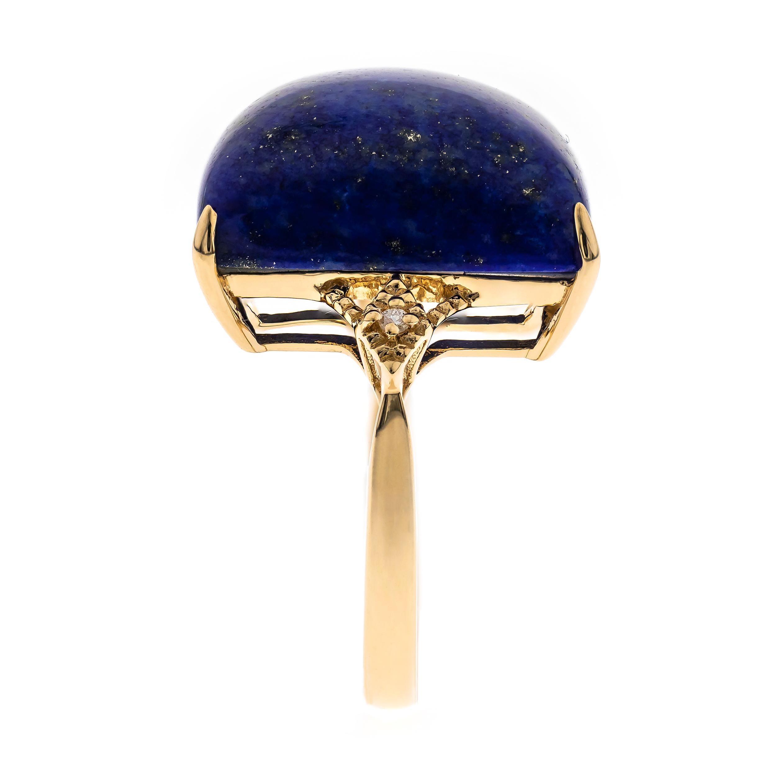 Art Deco 24.81 Carat Cushion Cab Lapis With Diamond accents 14K Yellow Gold Ring For Sale