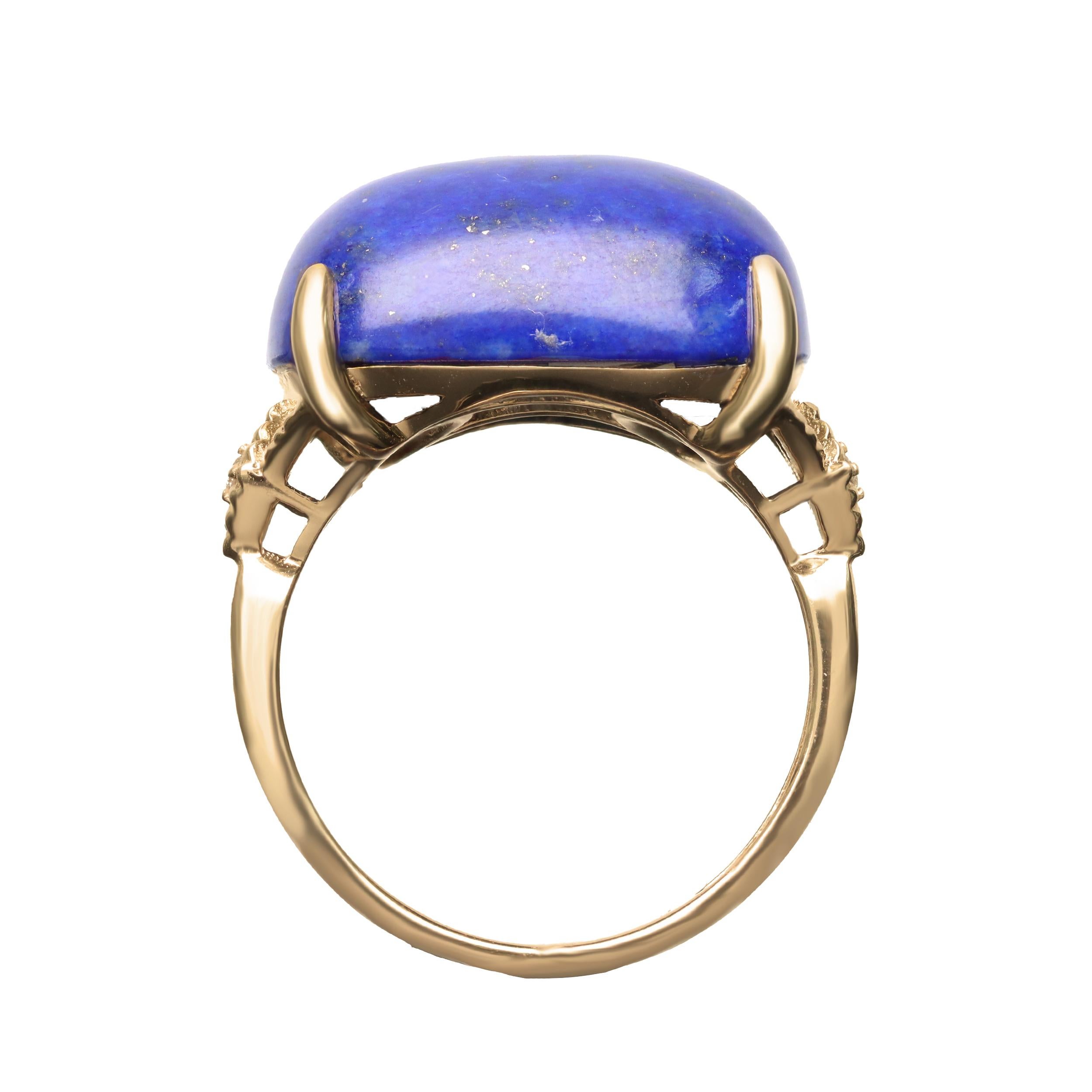 Cushion Cut 24.81 Carat Cushion Cab Lapis With Diamond accents 14K Yellow Gold Ring For Sale