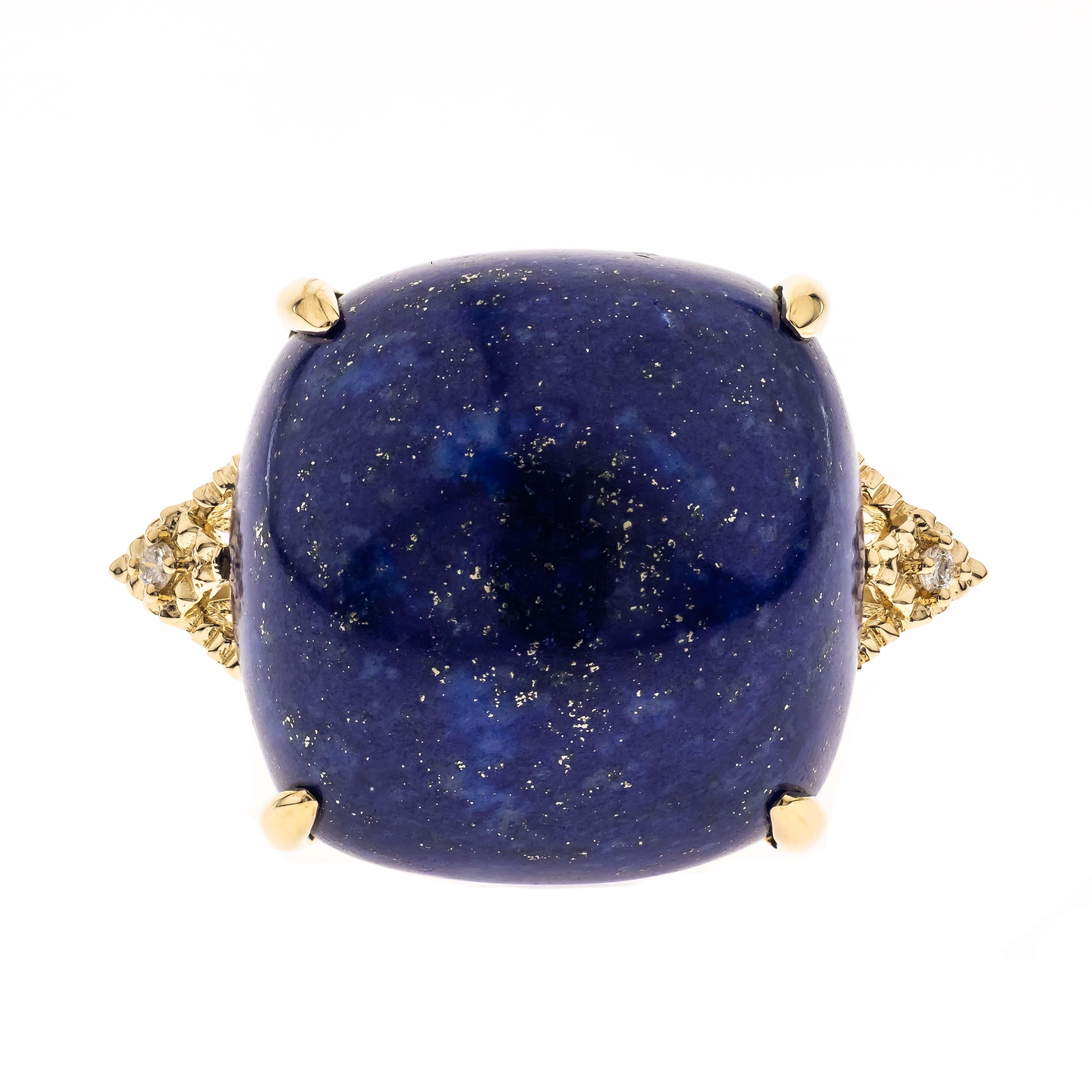 Cushion Cut 24.81 Carat Cushion Cab Lapis With Diamond accents 14K Yellow Gold Ring For Sale